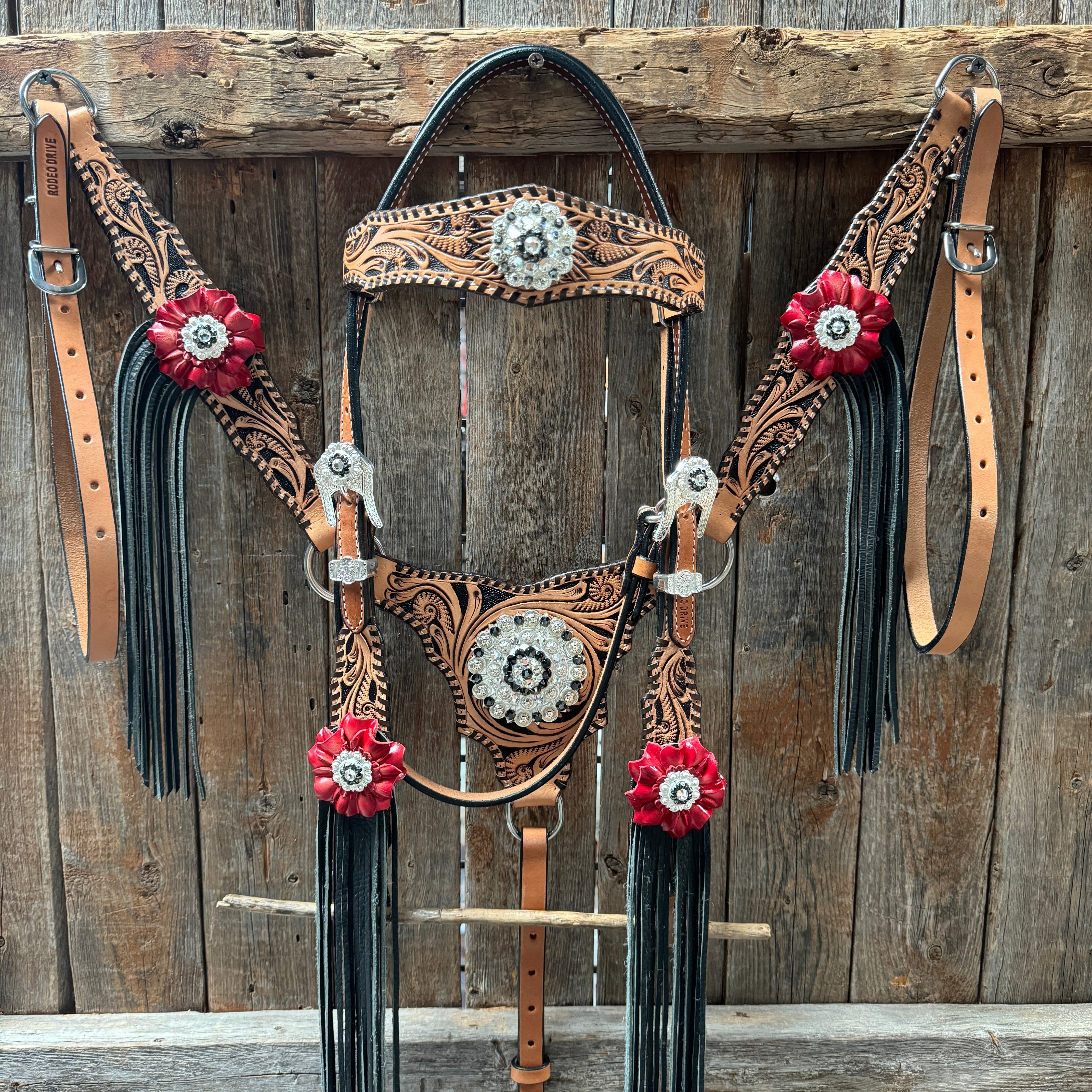 Floral Whipstitch Black and Red Browband with One Ear Triangle & Gladiator Breastcollar Tack Set #BBBC642 for Equestrian Show & Dressage Riding
