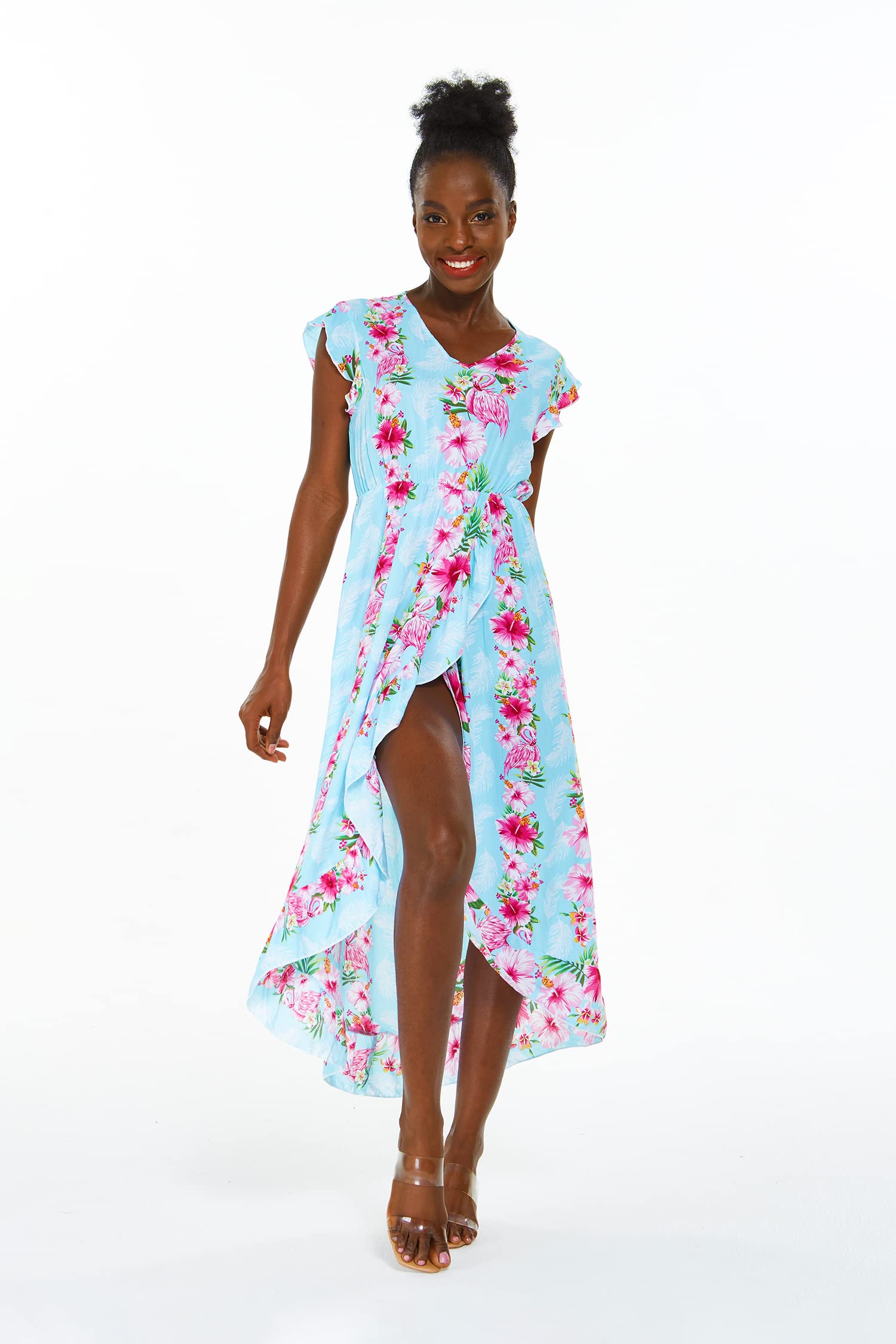 Hawaiian Luau Wrap Ruffle Dress for Women - Floral Hibiscus Vine Print - Perfect for Beach Parties, Summer Vacations & Tropical Getaways
