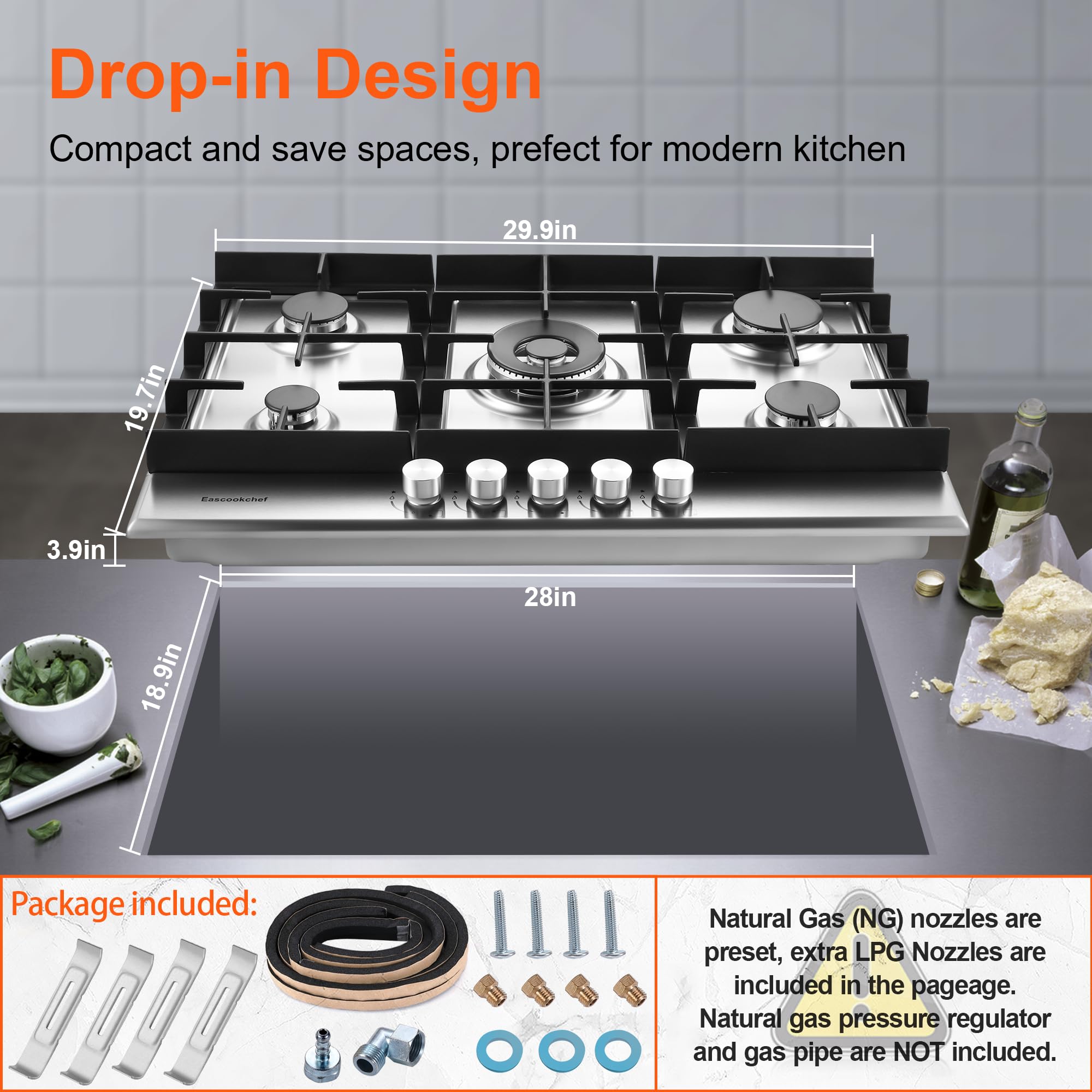 30 Inch Stainless Steel Gas Cooktop with 5 High-Efficiency Burners - Built-In NG/LPG Convertible Gas Stove for Kitchen - Thermocouple Protection - Perfect for Home Cooking, Restaurant Use & RV Kitchens
