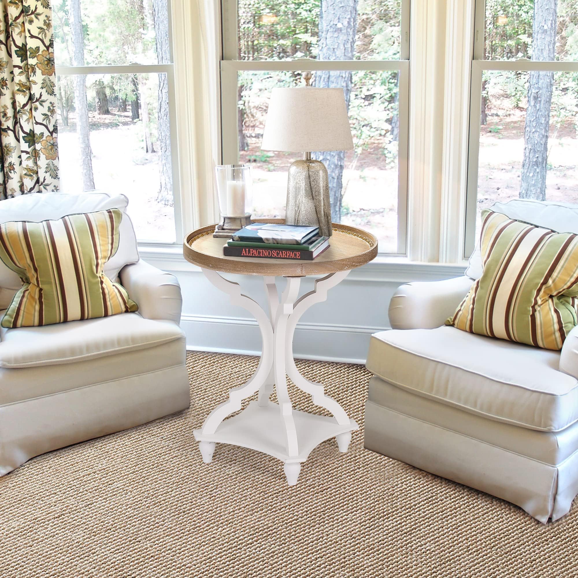 Wnutrees Farmhouse Round Accent End Table - Rustic Wooden Side Table with Tray Top, Handcrafted White Finish - Perfect for Living Room, Bedroom Nightstand or Coffee Table Decor