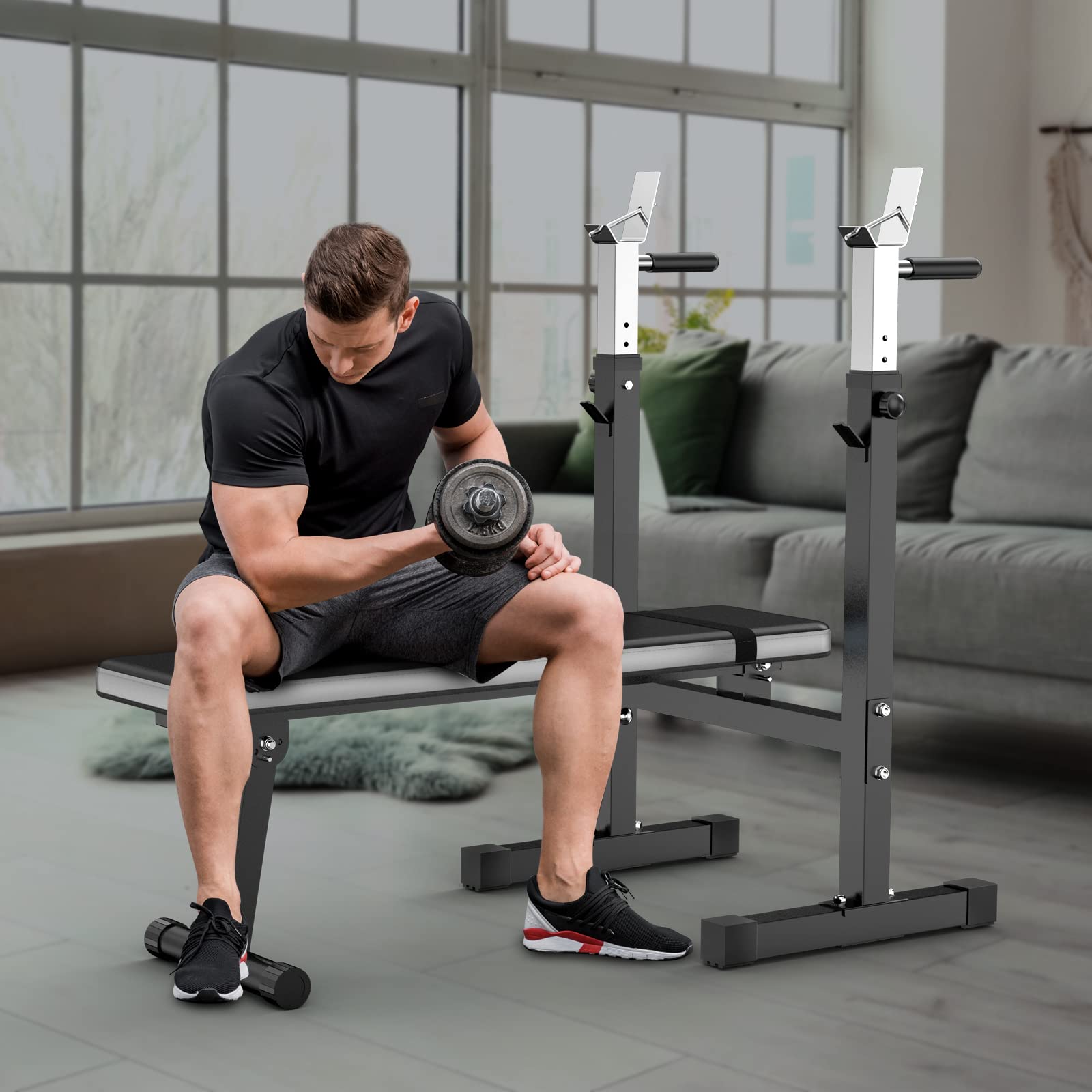Adjustable Weight Bench Press with Squat Rack - Foldable Multi-Function Home Gym Equipment for Full Body Workout, Strength Training & Dip Station (Grey) - Perfect for Home Gym, Garage Workouts & Small Spaces