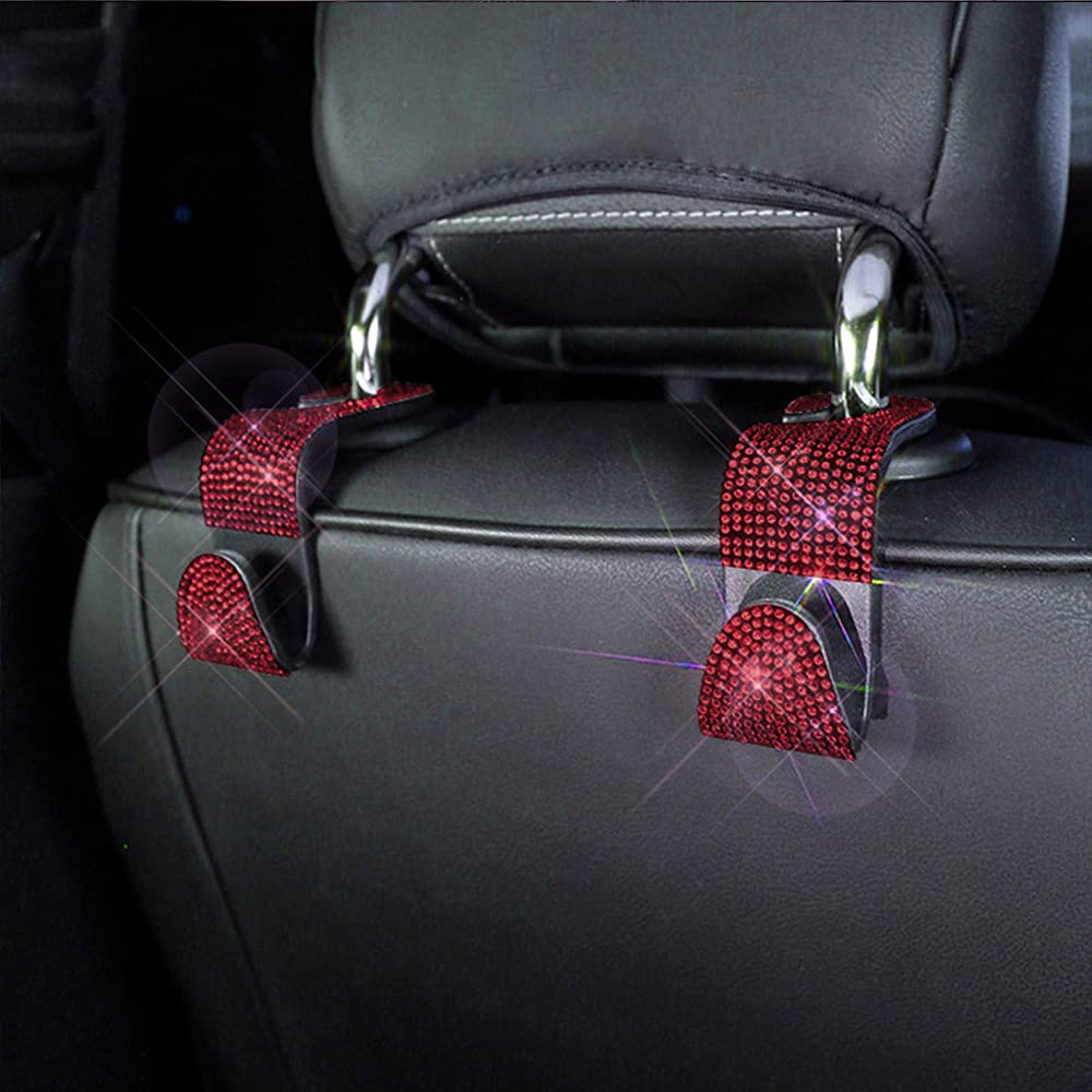 2PCS Bling Crystal Diamond Car Seat Hanger Backseat Hook - Auto Headrest Organizer for Women & Girls (Red) - Perfect for Purse, Shopping Bags & Travel Accessories Storage
