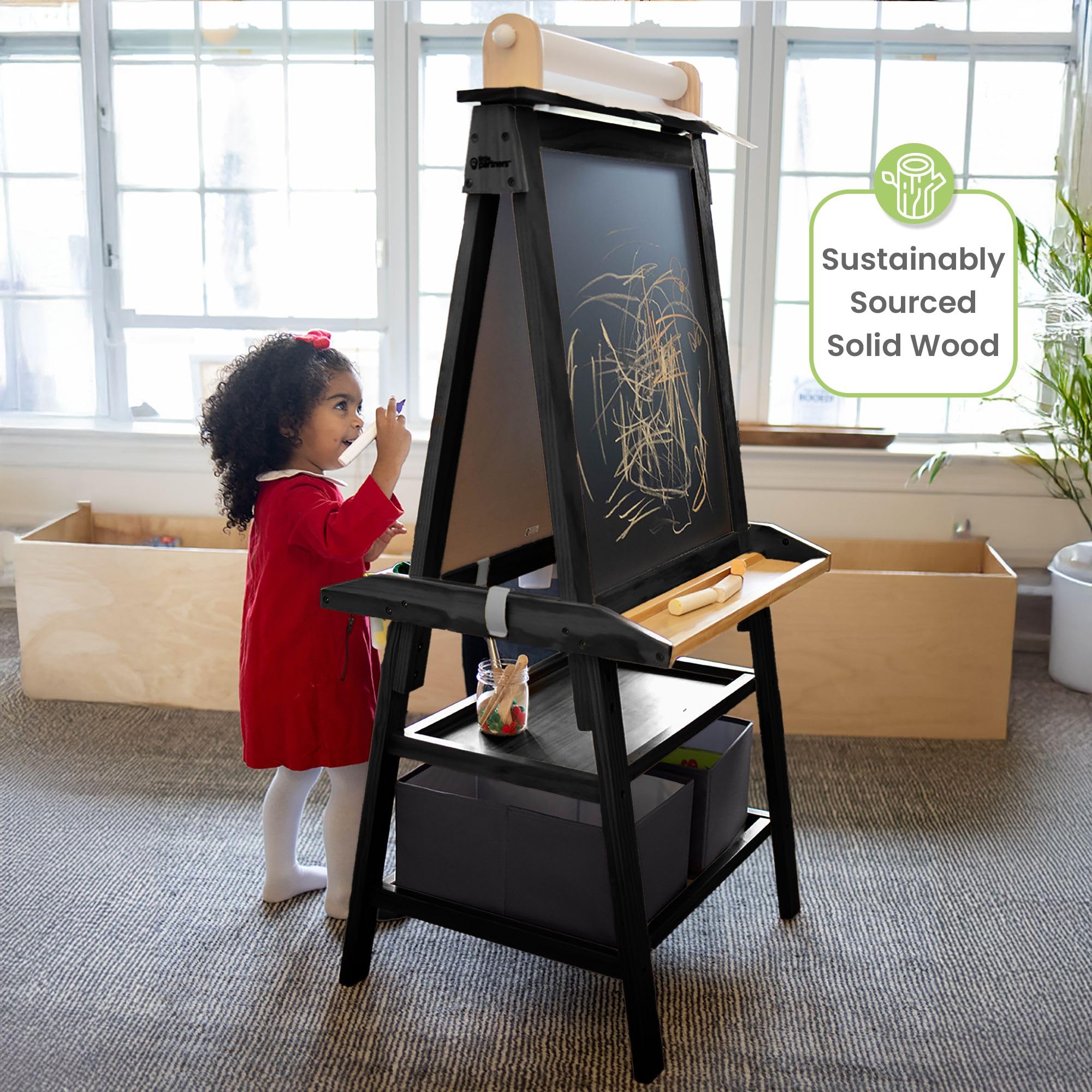 Little Partners Deluxe Learn 'N Play Toddler Easel for Kids - 2-Sided Art Center with Chalkboard & Magnetic Whiteboard | Paper Roll, Storage Bins & Paint Cups | Perfect for Home, Preschool & Creative Play (Charcoal & Natural)