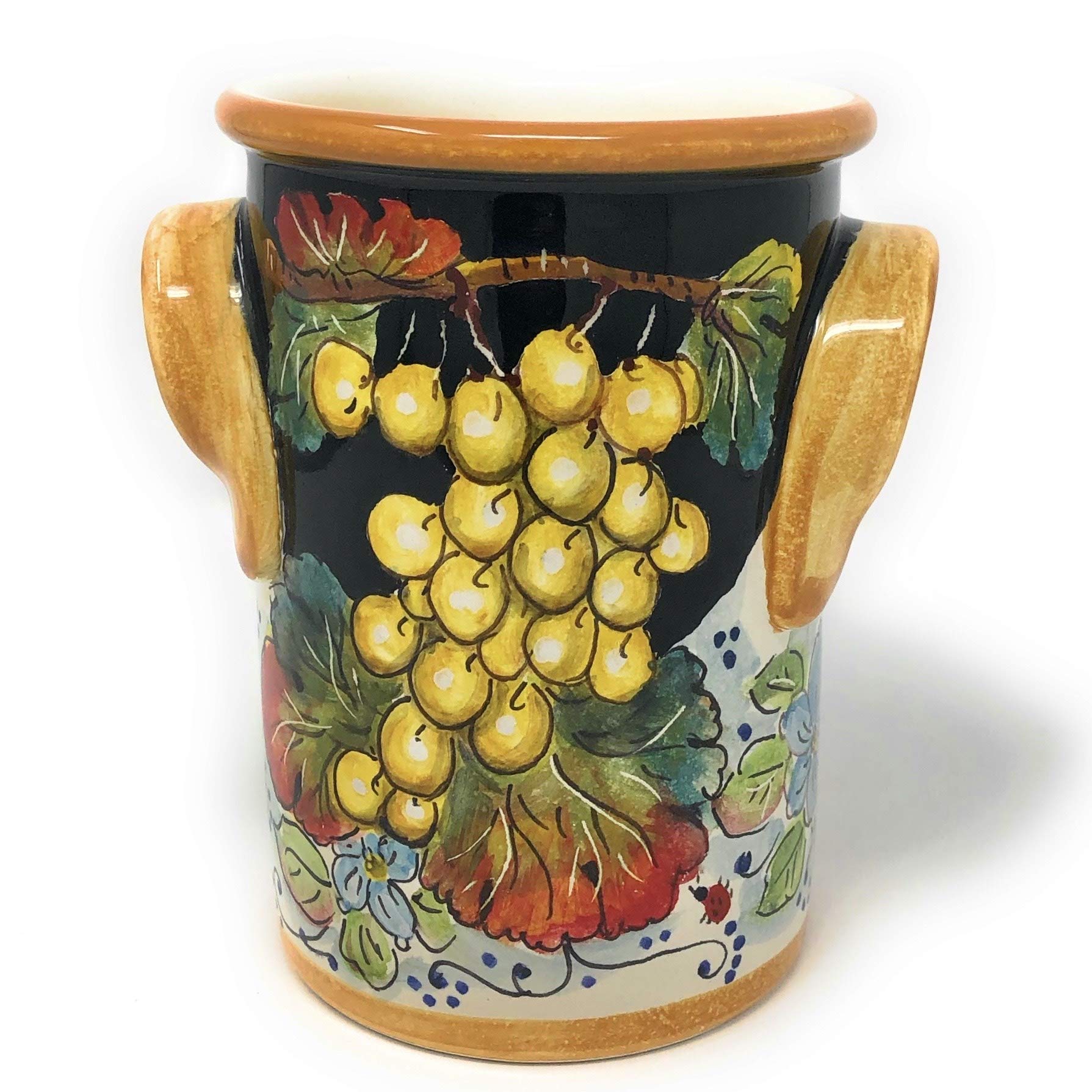 Hand Painted Italian Pottery Utensil Holder & Wine Bottle - CERAMICHE D'ARTE PARRINI Tuscan Florence Decorated Fruits - Authentic Made in Italy Ceramic Kitchen Decor for Rustic Farmhouse & Mediterranean Style Homes