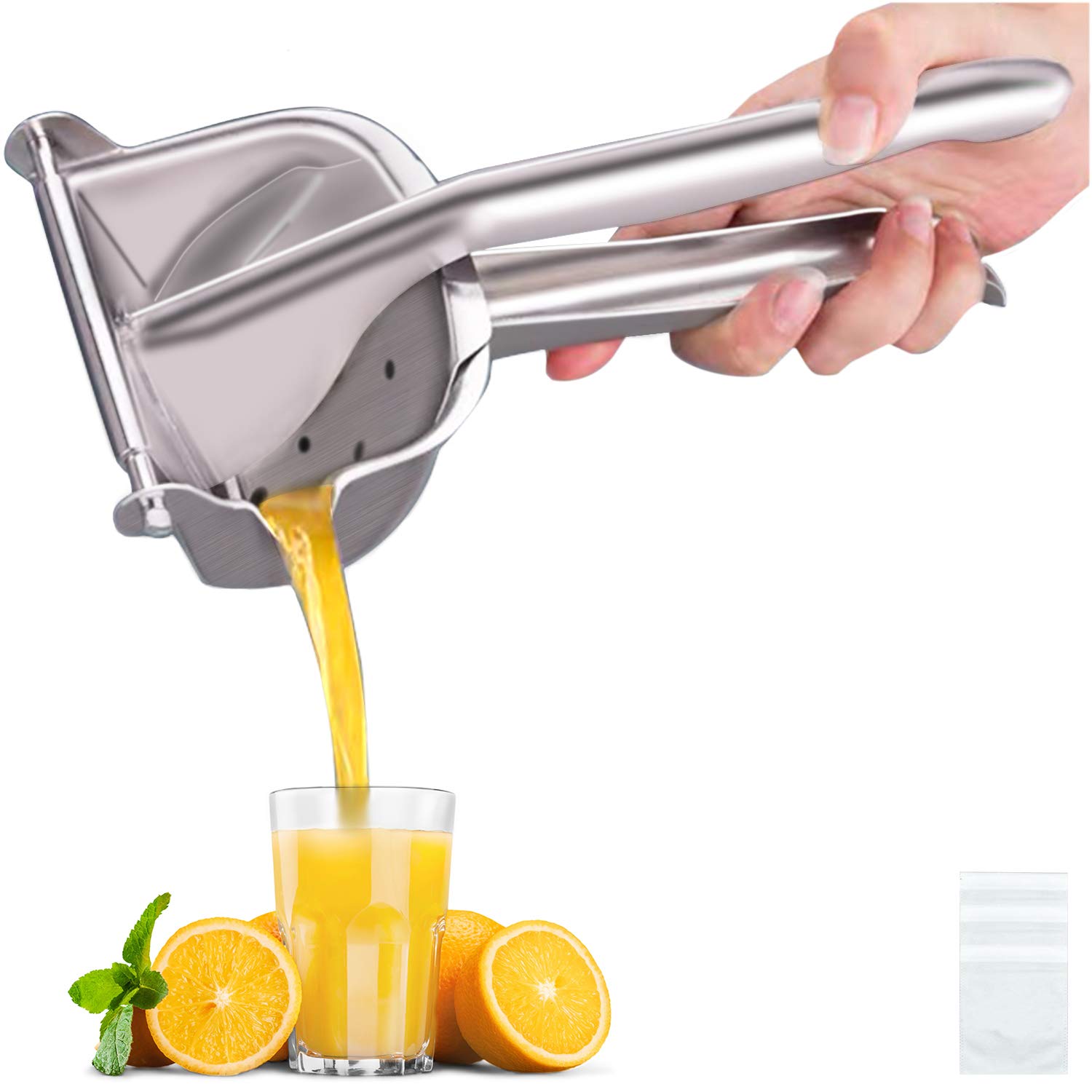 Premium Stainless Steel Lemon Squeezer - Heavy Duty Manual Citrus Juicer for Orange, Lime & Grapefruit - Includes 50 Filter Bags - Perfect for Cocktails, Baking & Healthy Juicing at Home