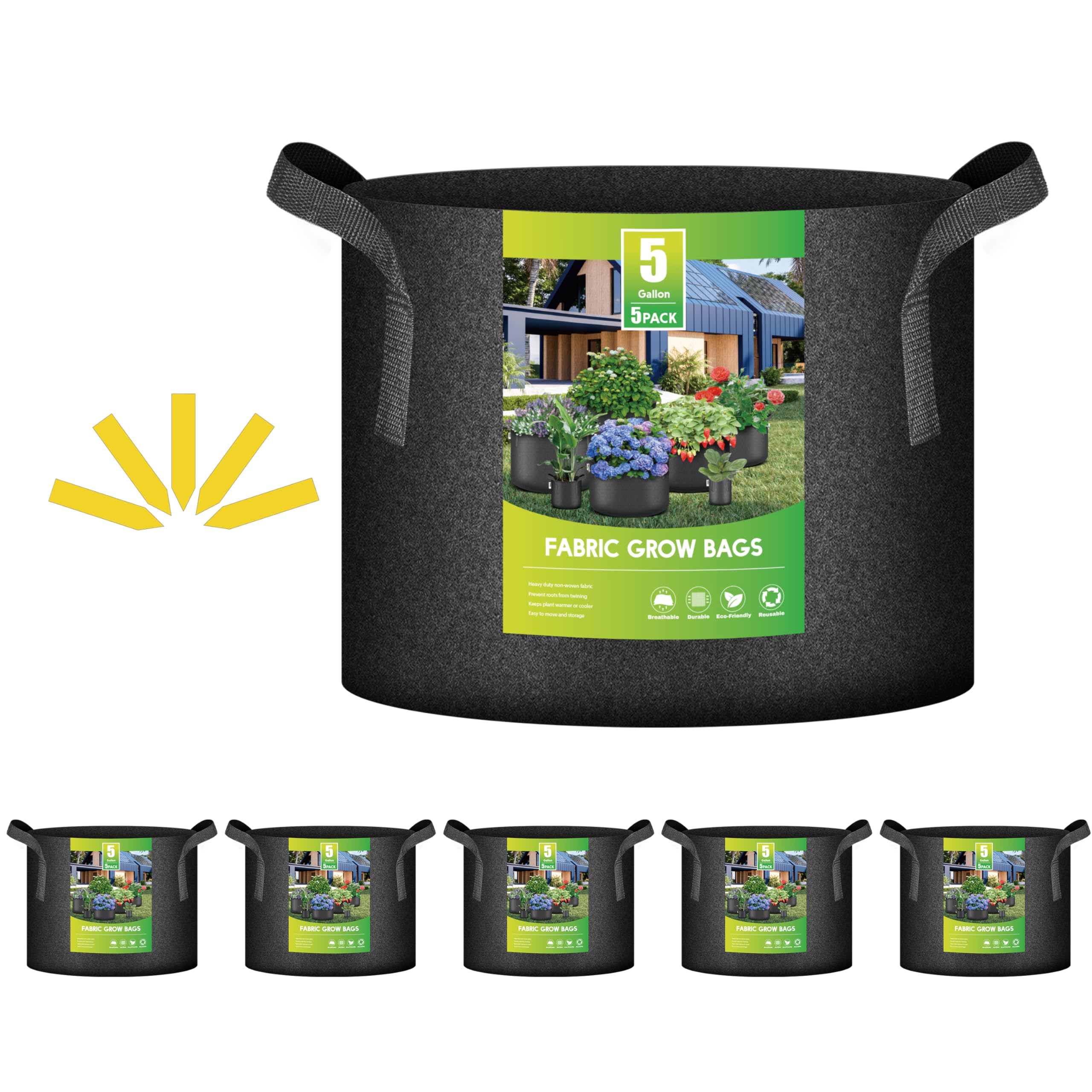 iPower 5-Pack 5 Gallon Thickened Nonwoven Fabric Grow Bags with Handles - Aeration Plant Pots for Vegetables, Flowers, Herbs - Ideal for Indoor/Outdoor Gardening, Balcony & Container Planting