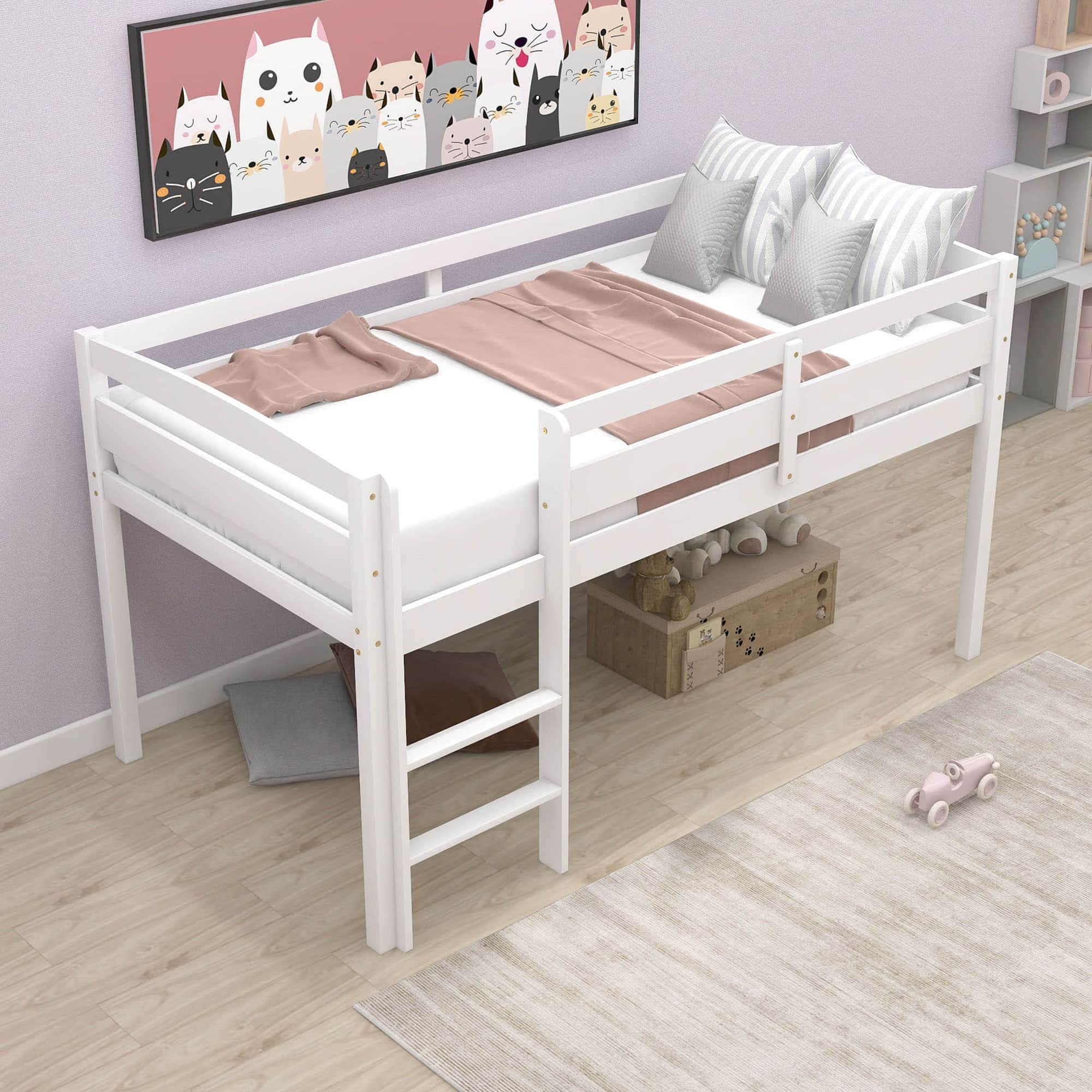 Twin Size Loft Bed for Kids with Ladder & Guardrail - Sturdy Wood Frame Low Loft Bed for Boys, Girls & Teens - No Box Spring Needed - Perfect for Small Bedrooms, Dorms & Space-Saving Kids Rooms