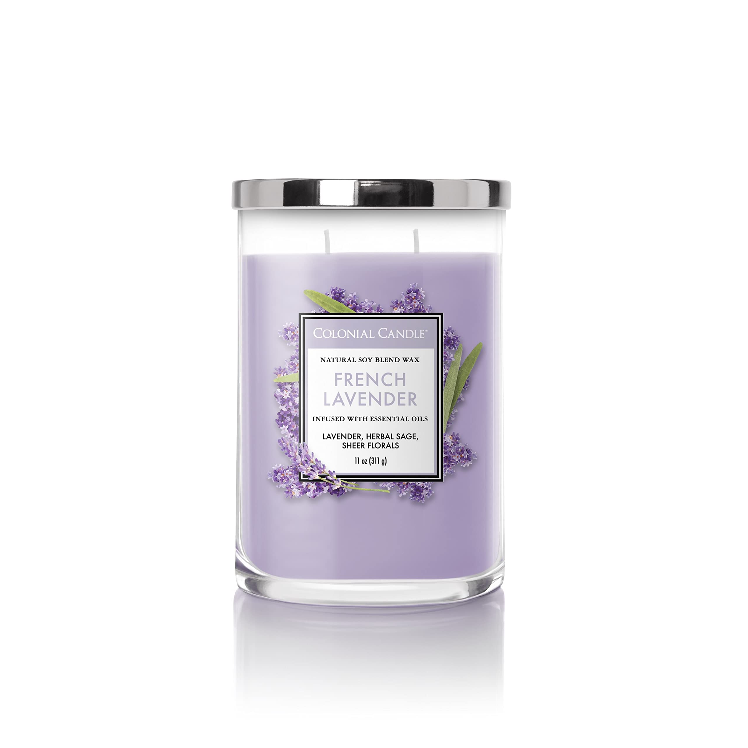 Colonial Candle French Lavender Scented Jar Candle - Classic Cylinders Collection, 2-Wick Purple Candle (11oz, 80-Hour Burn) for Home Decor, Relaxation & Aromatherapy