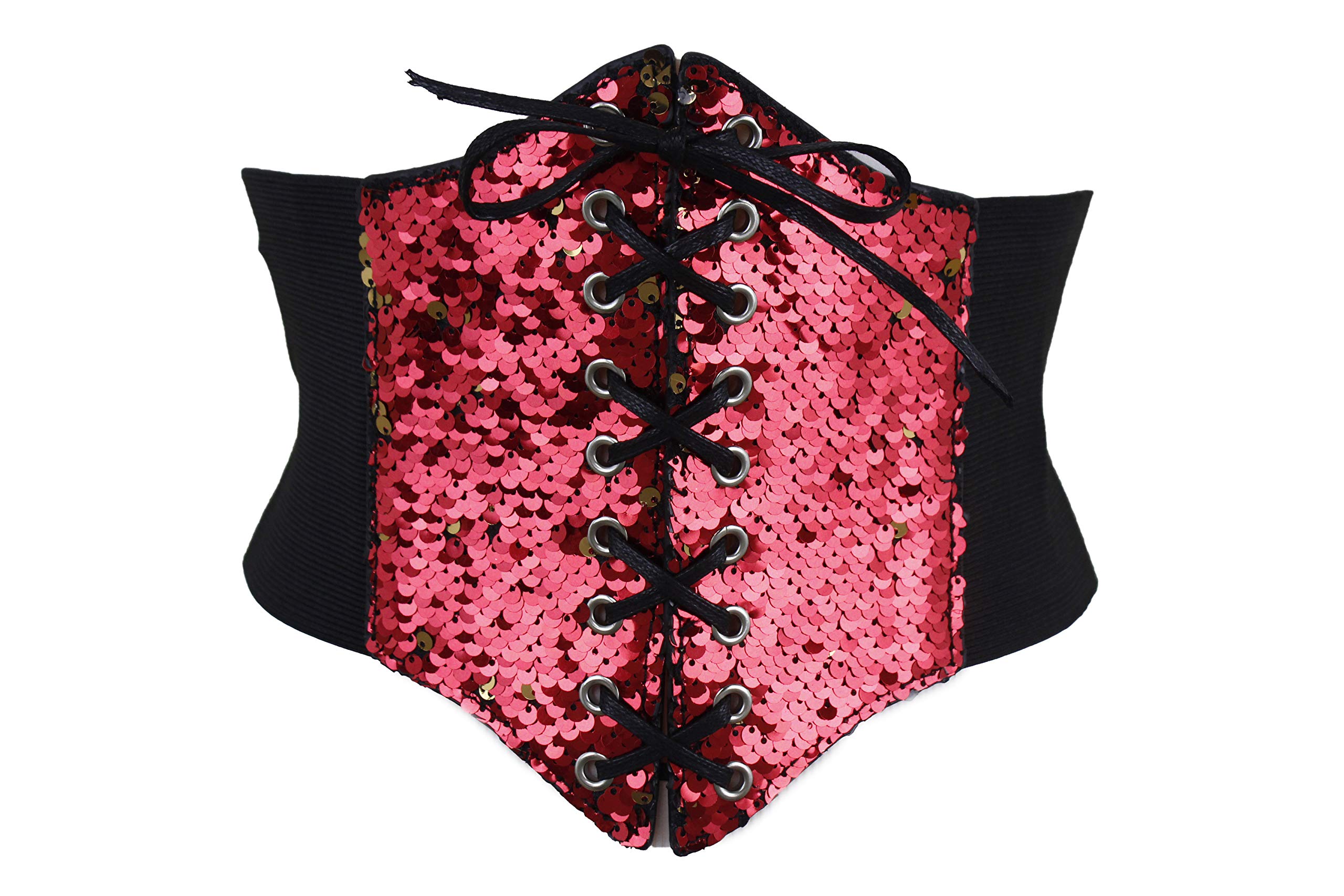 TFJ Women's Wide Elastic Waistband Corset Belt - High Waist Shapewear with Bling Red Gold Sequins for Tummy Control (Sizes S/M) | Perfect for Dresses, Tops & Body Shaping