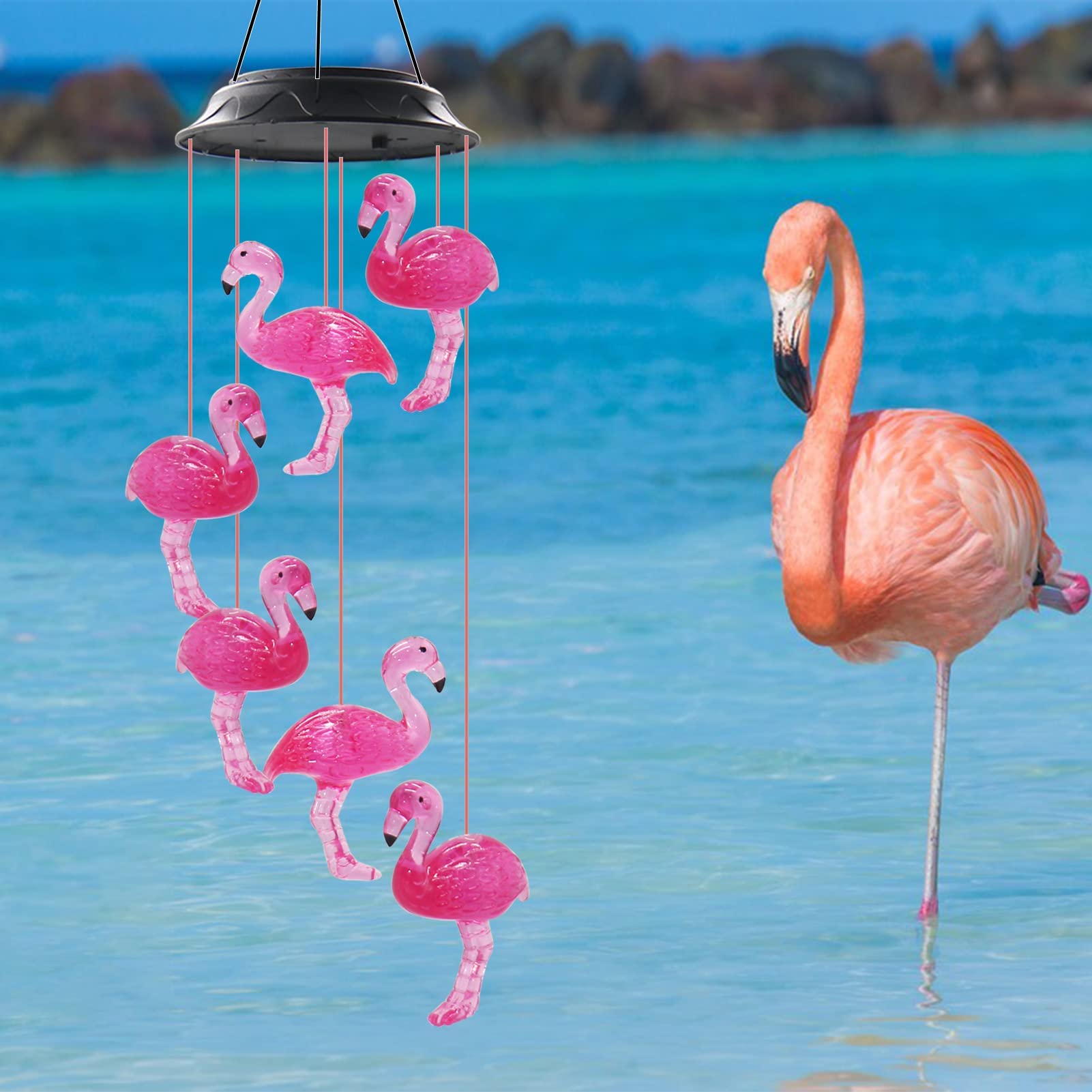 Solar-Powered Flamingo Wind Chimes with LED Lights - Waterproof Outdoor Decor for Garden, Patio & Yard | Memorial & Housewarming Gift Ideas
