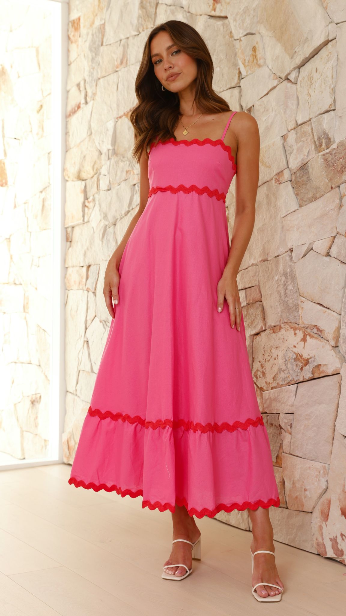 Brodey Midi Dress for Women - Flowy Pink & Red Summer Dress with Short Sleeves | Perfect for Beach Vacation, Date Night & Casual Outings