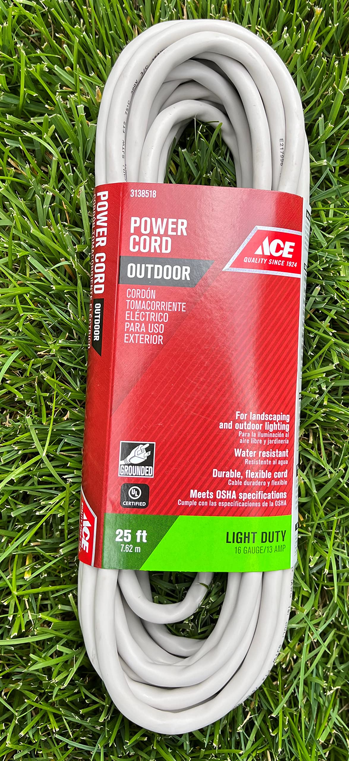 Heavy Duty 25ft Outdoor Extension Cord - Ace Landscape OUSJT163025BE - Weatherproof, 16/3 SJTW, Ideal for Garden, Yard, and Power Tools