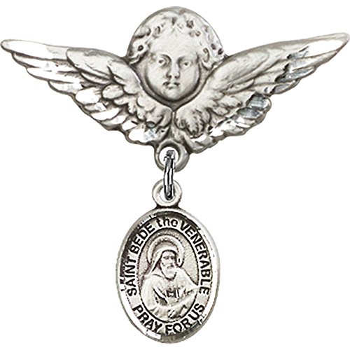 Sterling Silver Baby Badge Pin - St. Bede the Venerable Charm & Angel Wing Badge - Perfect for Christening, Baptism & First Communion Gifts