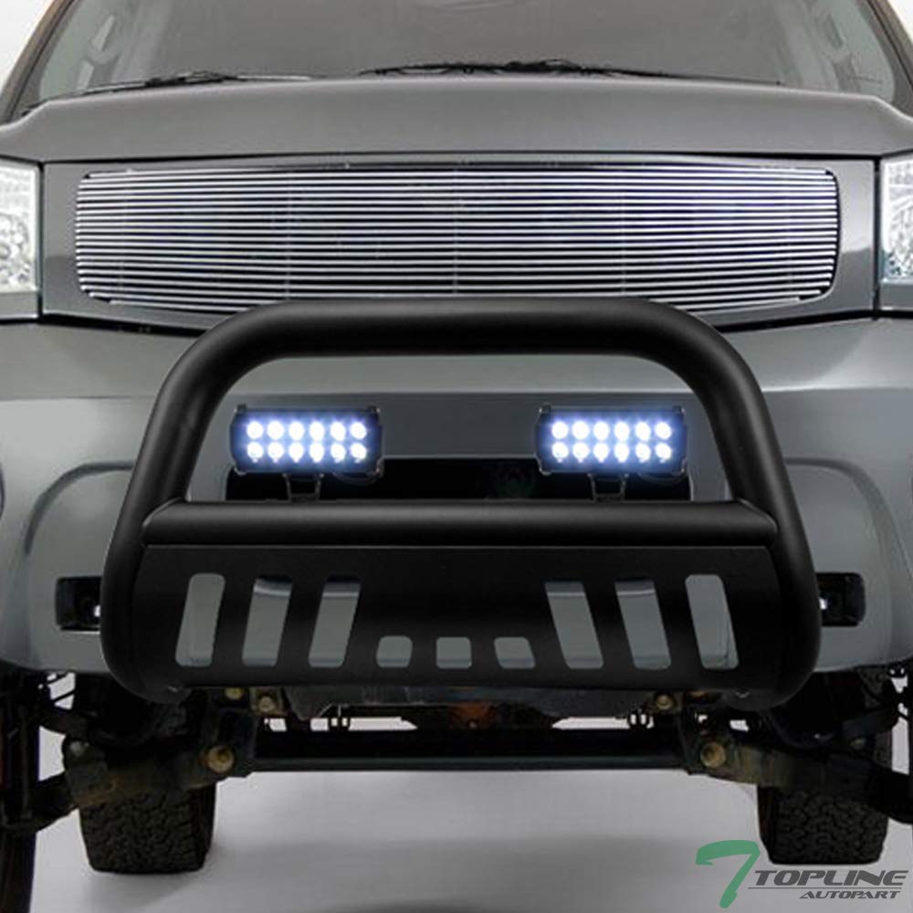 Matte Black Bull Bar Push Bumper Grille Guard with Skid Plate & 36W CREE LED Fog Lights for 2004-2015 Nissan Titan & Armada - Off-Road Protection & Style Upgrade
