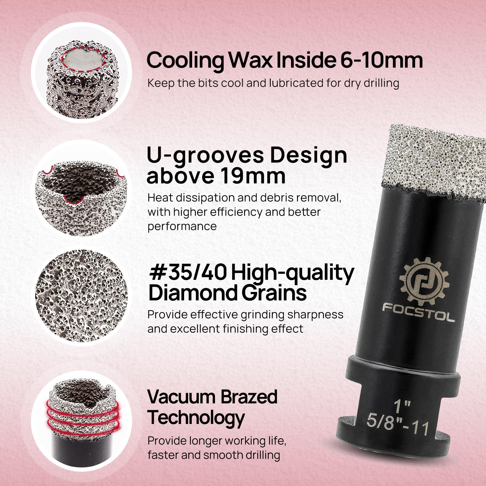 Premium Diamond Core Drill Bit Set - FOCSTOL 10pcs (6/8/10/25/35/51/65mm + 10mm Finger Bit + 50mm Beveling Chamfer Bit + SDS Adapter) for Porcelain, Ceramic Tile, Marble, Granite - Perfect for Professional Tiling, Masonry & DIY Home Renovation Projects