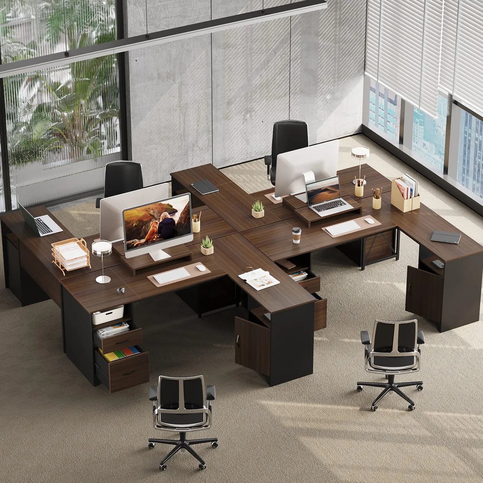 Bestier L-Shaped Computer Desk with File Drawers - Home Office Workstation for Gaming & Study, Space-Saving Corner Desk with Storage