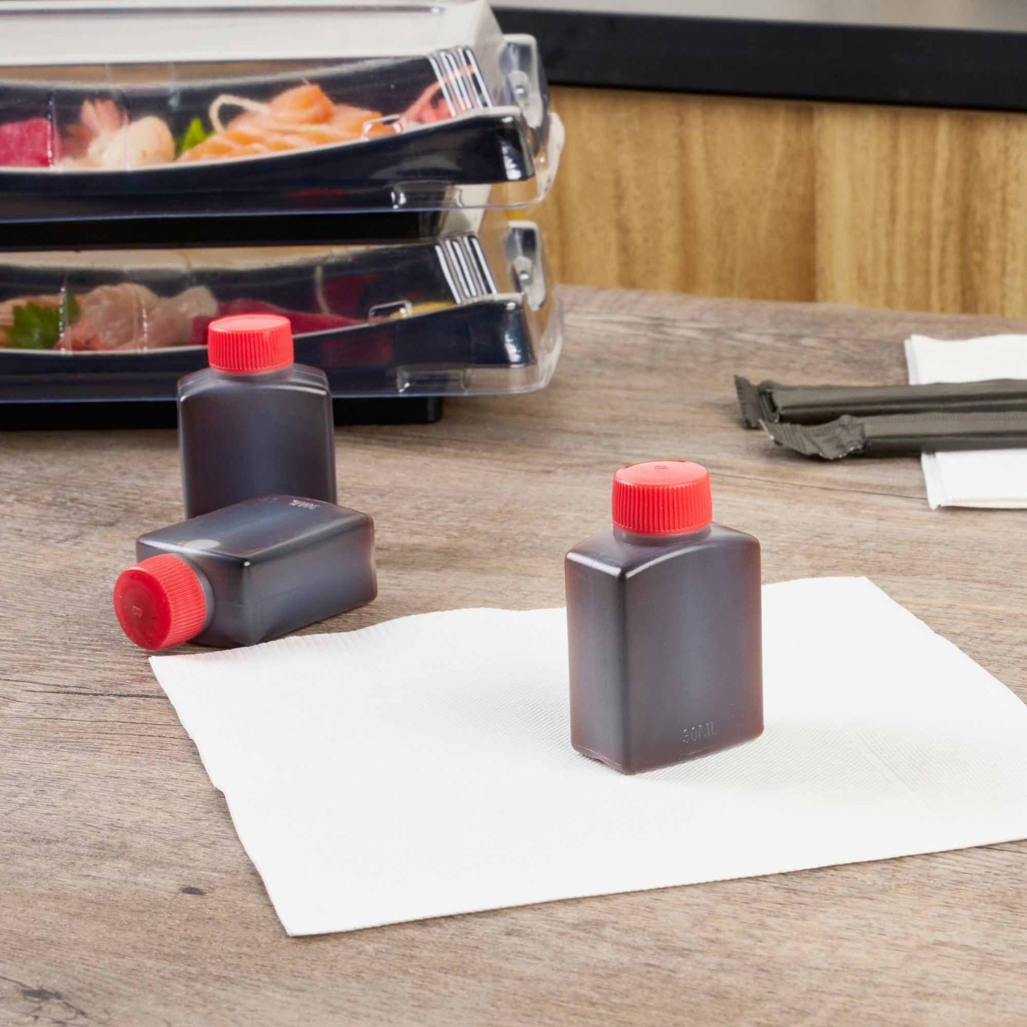 Bento Tek 1 oz Clear Plastic Soy Sauce Bottles with Red Caps (Pack of 1000) - Perfect for Restaurants, Sushi Bars & Takeout Containers