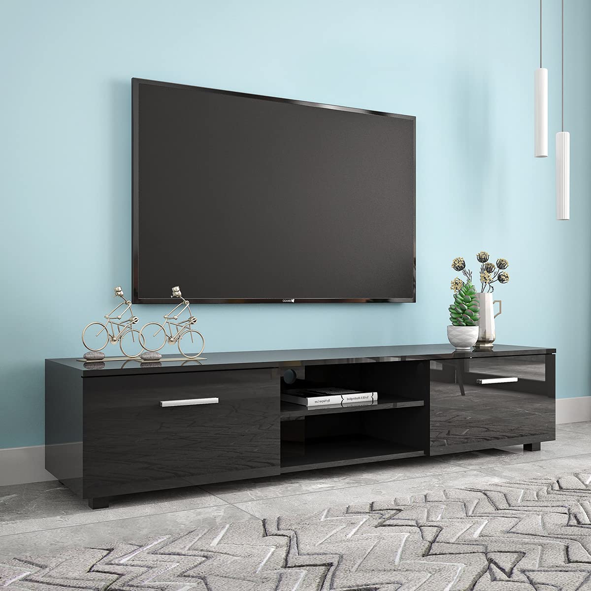 70 Inch TV Stand with Storage - Wooden Entertainment Center for Living Room, 2 Drawers Media Console Cabinet in Black - Perfect for Home Theater & Living Room Setup