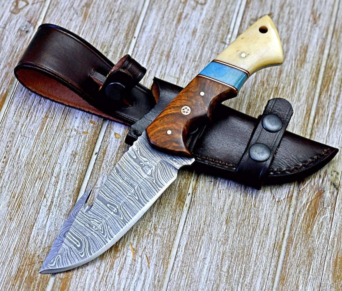 Premium Damascus Steel Gut Hook Hunting Knife with Rosewood & Bone Handle - Ideal for Outdoor Survival, Camping, and Bushcraft Activities