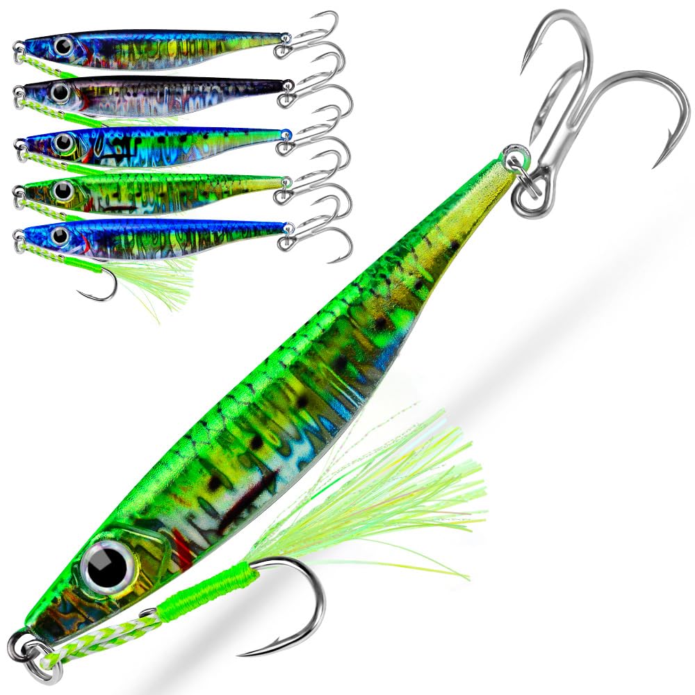 Sunlure Saltwater Fishing Jigs Set - 5pcs Vertical & Slow Pitch Jigging Spoons with Assist Hooks for Bass, Blade Baits & Paillette Artificial Lures - Perfect for Deep Sea, Offshore & Freshwater Fishing Adventures