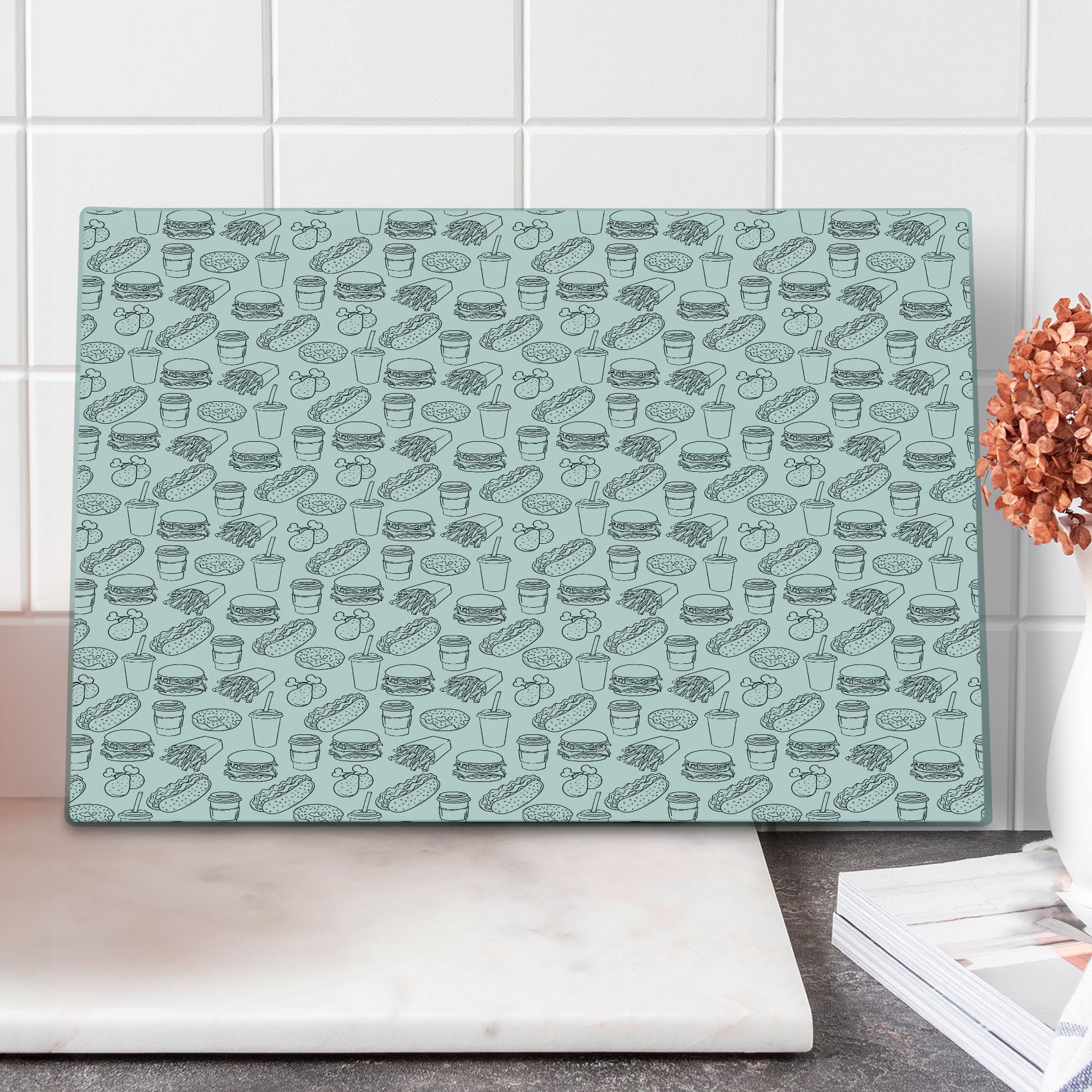 Ambesonne Tempered Glass Cutting Board - Large Decorative Serving Tray with Burger, Chicken, Donut & Hot Dog Outline Art - Charcoal Grey & White - Perfect for Kitchen Prep, Party Serving & Home Decor
