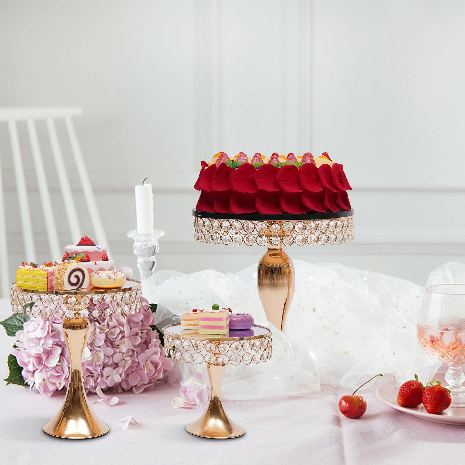 3-Piece Rose Gold Crystal Beaded Cake Stand Set with Pendants - Elegant Round Cupcake & Dessert Display Stand for Birthday Parties, Weddings, Baby Showers - Perfect for Event Decor, Dessert Buffets and Table Centerpieces