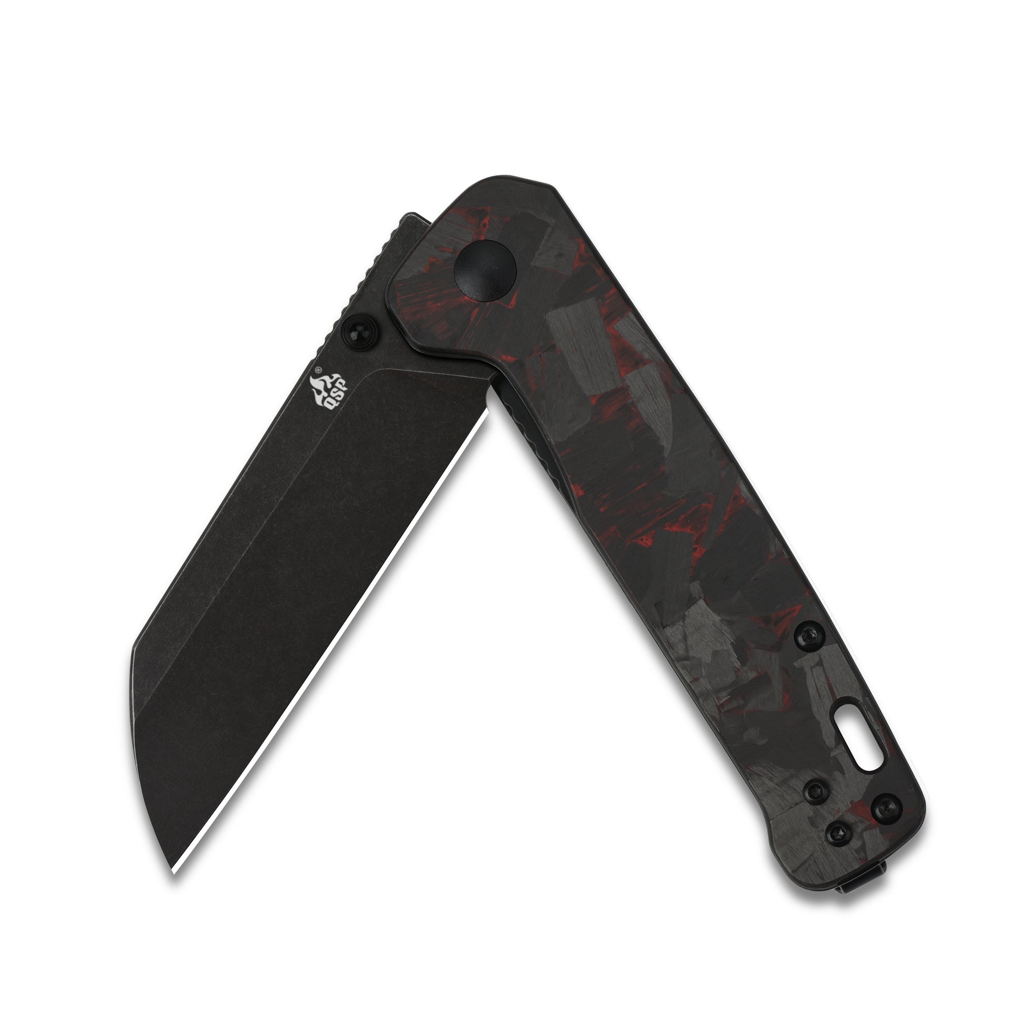 QSP Penguin Liner Lock Pocket Knife - D2 Steel Blade, Red Shredded Carbon Fiber & G10 Handle - EDC, Camping, Hiking, Survival Tool