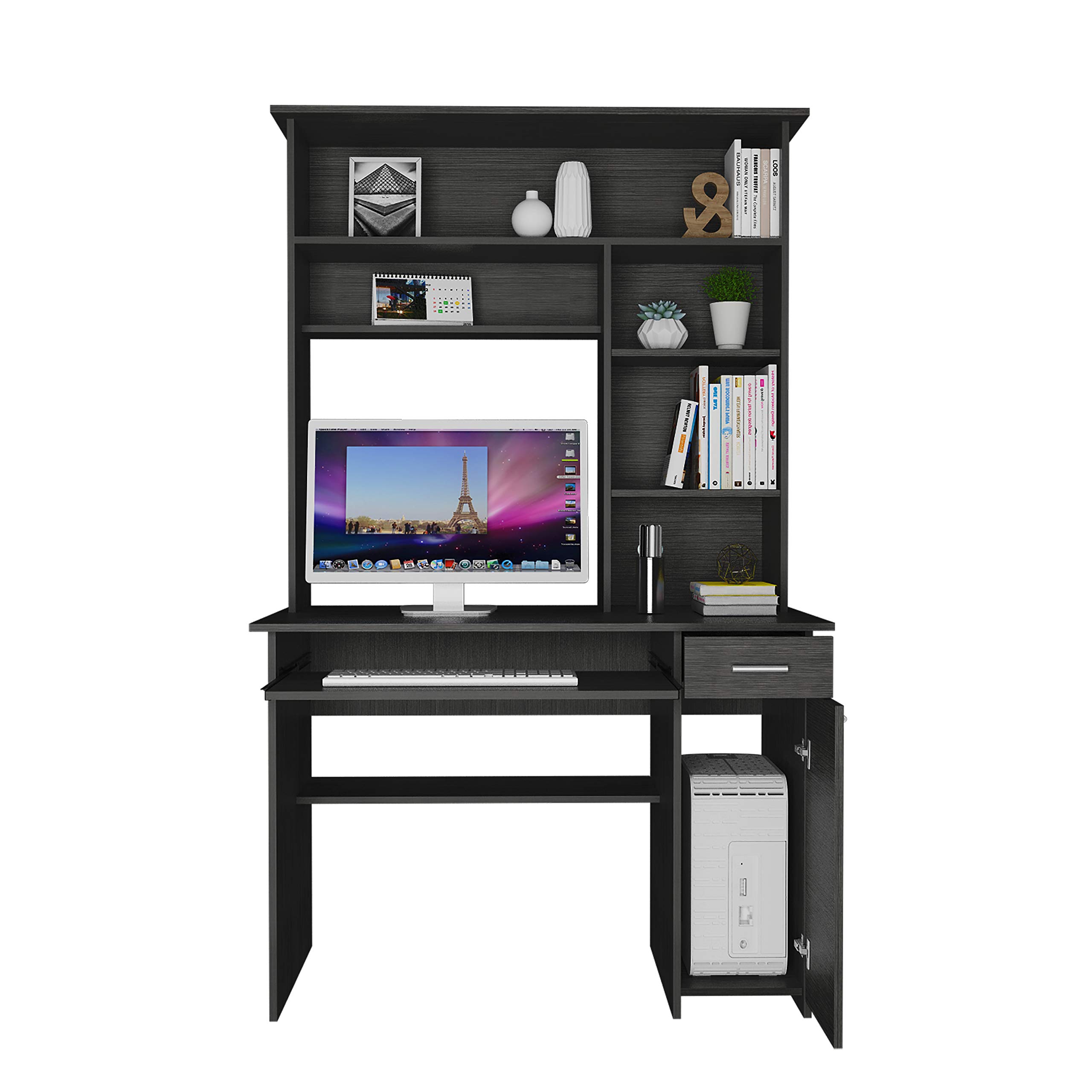 Weston 180 Two Computer Desk with Hutch - Retractable Keyboard Tray, Storage Drawer, CPU Stand & 6 Open Shelves in Smokey Oak Finish | Perfect for Home Office, Gaming Setup & Small Workspace