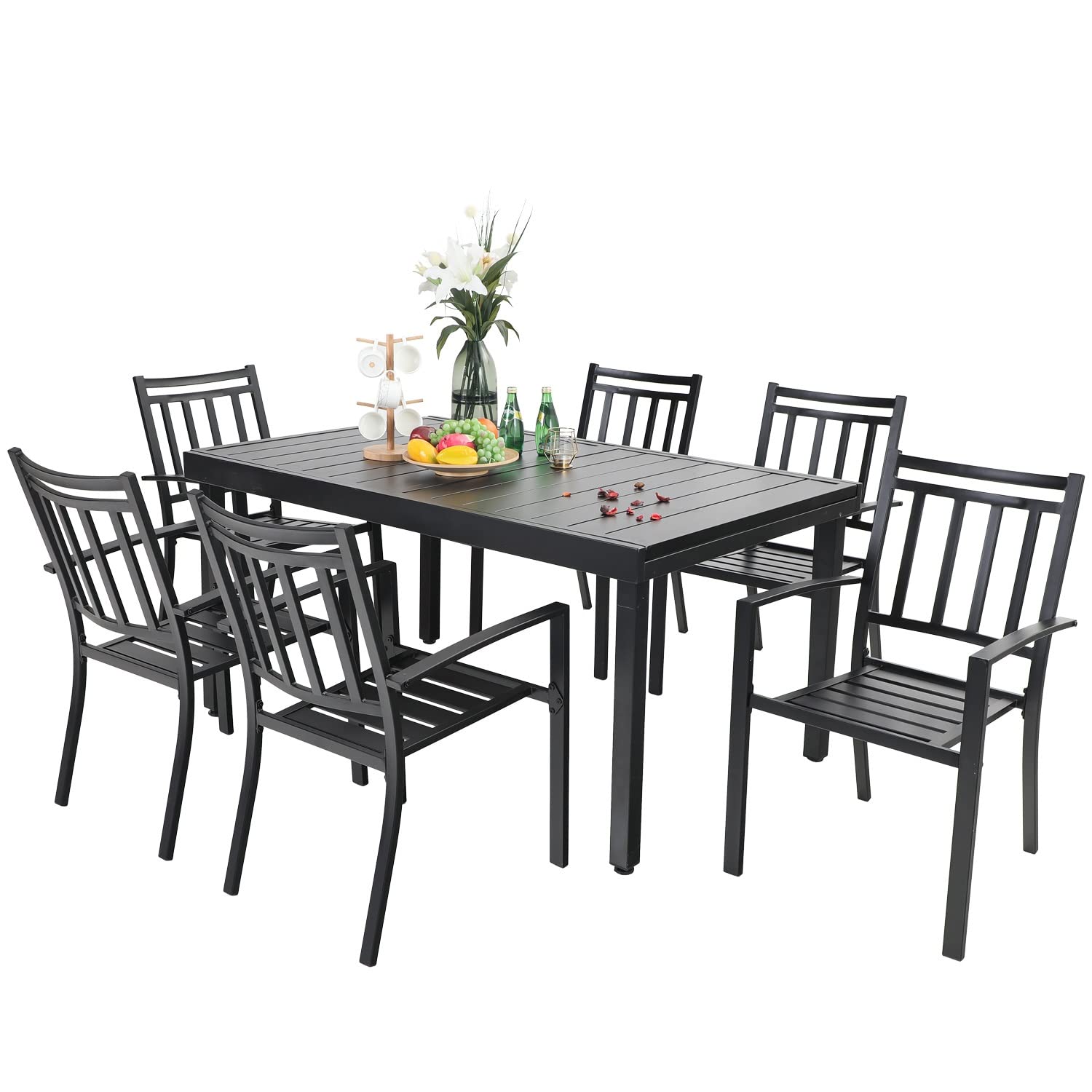 PHI VILLA 7-Piece Outdoor Dining Set with Extendable Table & 6 Heavy-Duty Patio Chairs (300 lb Capacity) - Perfect for Backyard, Garden, Patio & Bistro Outdoor Entertaining