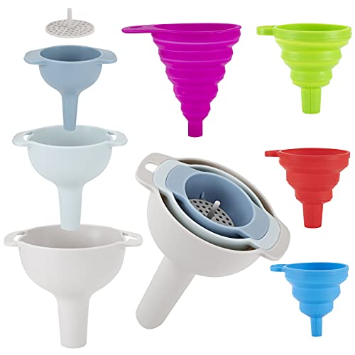 7-Piece Kitchen Funnel Set - 3 Plastic Funnels with Detachable Strainer + 4 Collapsible Silicone Funnels for Liquids, Powders & Dry Ingredients | Perfect for Bottle Filling, Cooking, Baking & DIY Projects