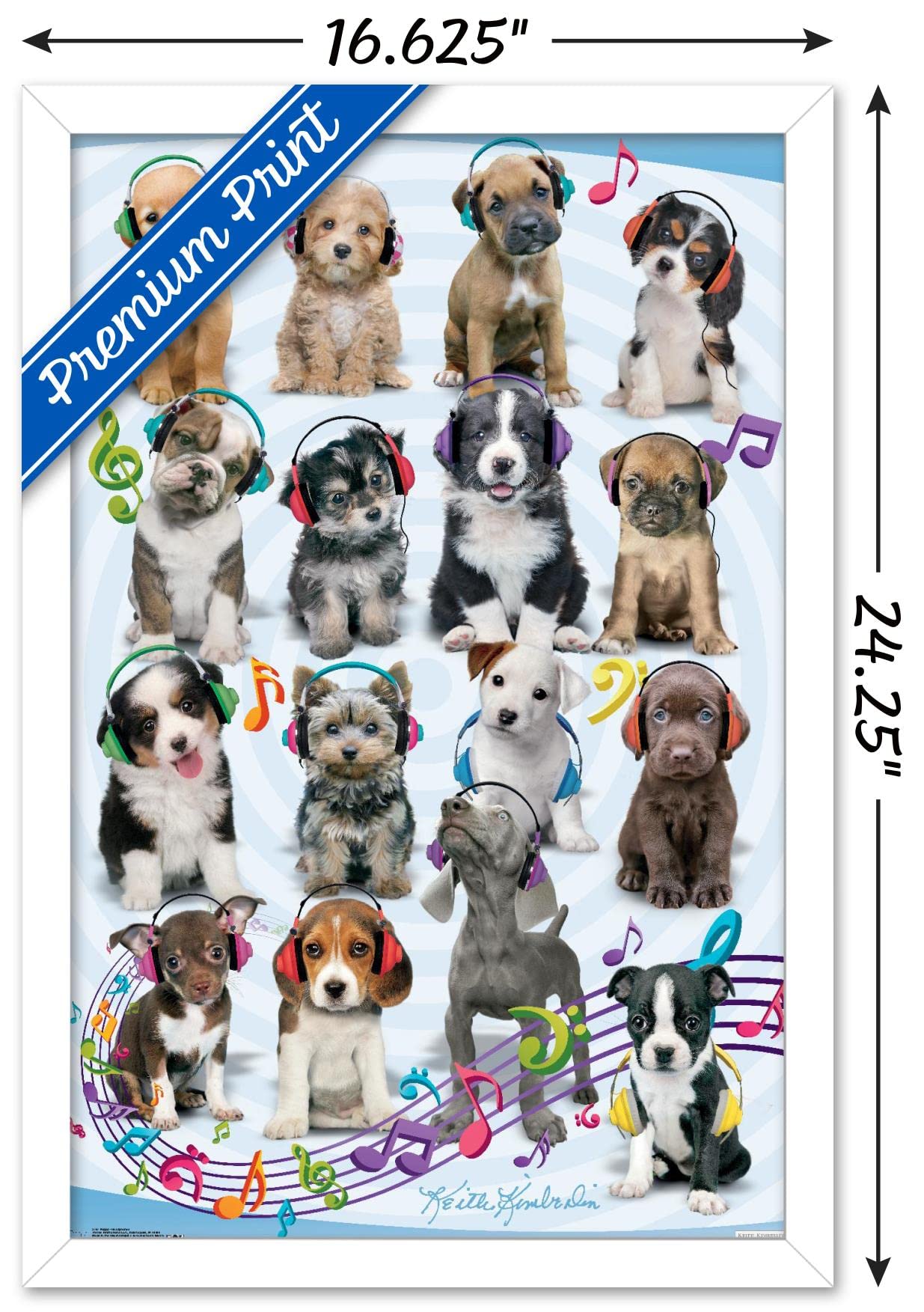 Trends International Keith Kimberlin Puppies Headphones Wall Poster - 14.725 x 22.375 Inches, White Framed Art Print - Perfect for Bedroom, Living Room & Office Decor