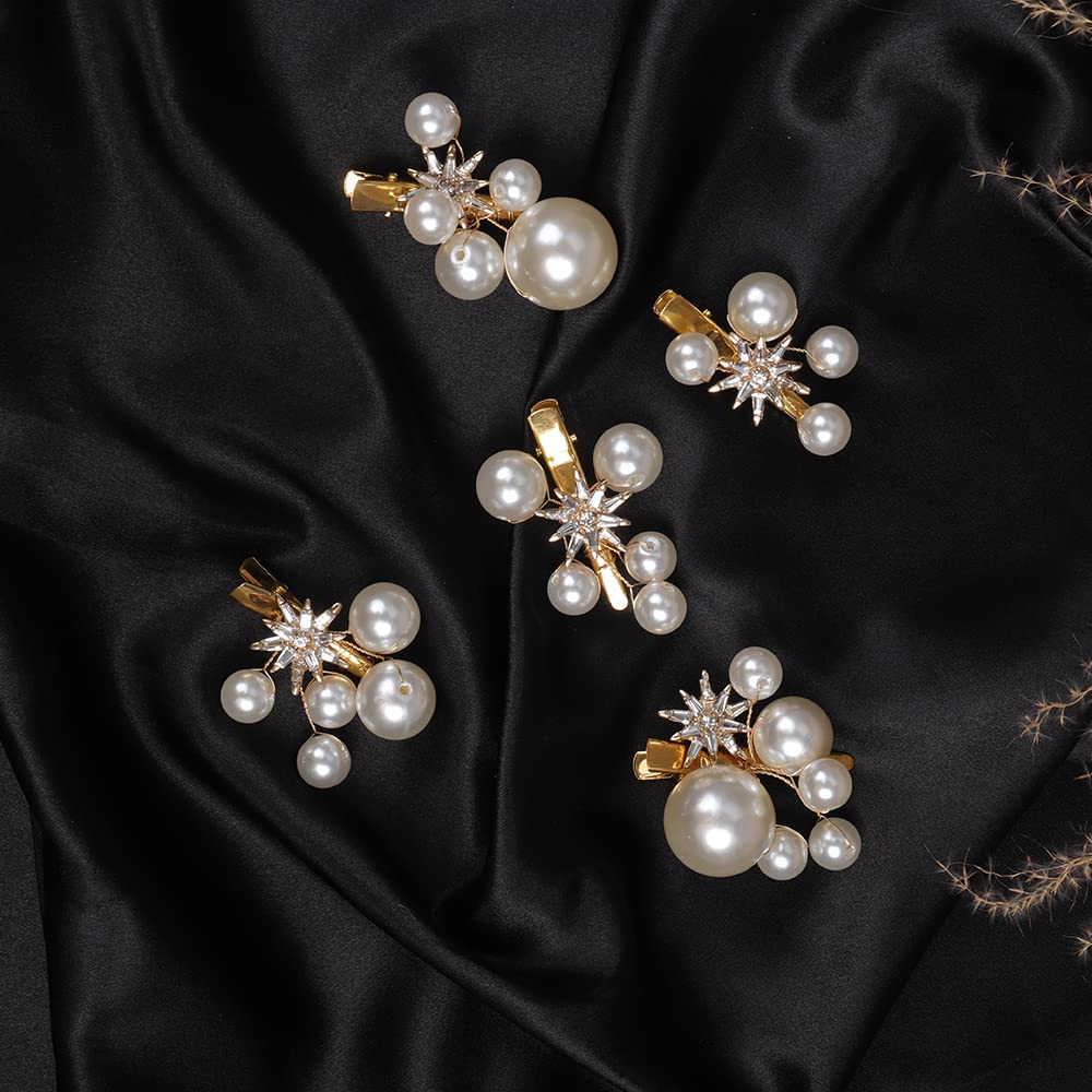 Jumwrit Pearl Hair Clips Set - 5PCS Wedding Rhinestone Crystal Bridal Hairpins, Handmade Flower Hair Accessories for Women & Girls (Gold) | Perfect for Brides, Bridesmaids, Prom, Parties & Special Occasions