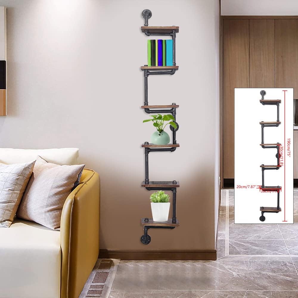 Industrial Wall-Mounted Shelf - Retro Solid Wood Bookshelf with 6 Layers - Space Saving Storage Solution for Home, Office & Bathroom Organization - Perfect for Displaying Books, Decor & Bath Essentials
