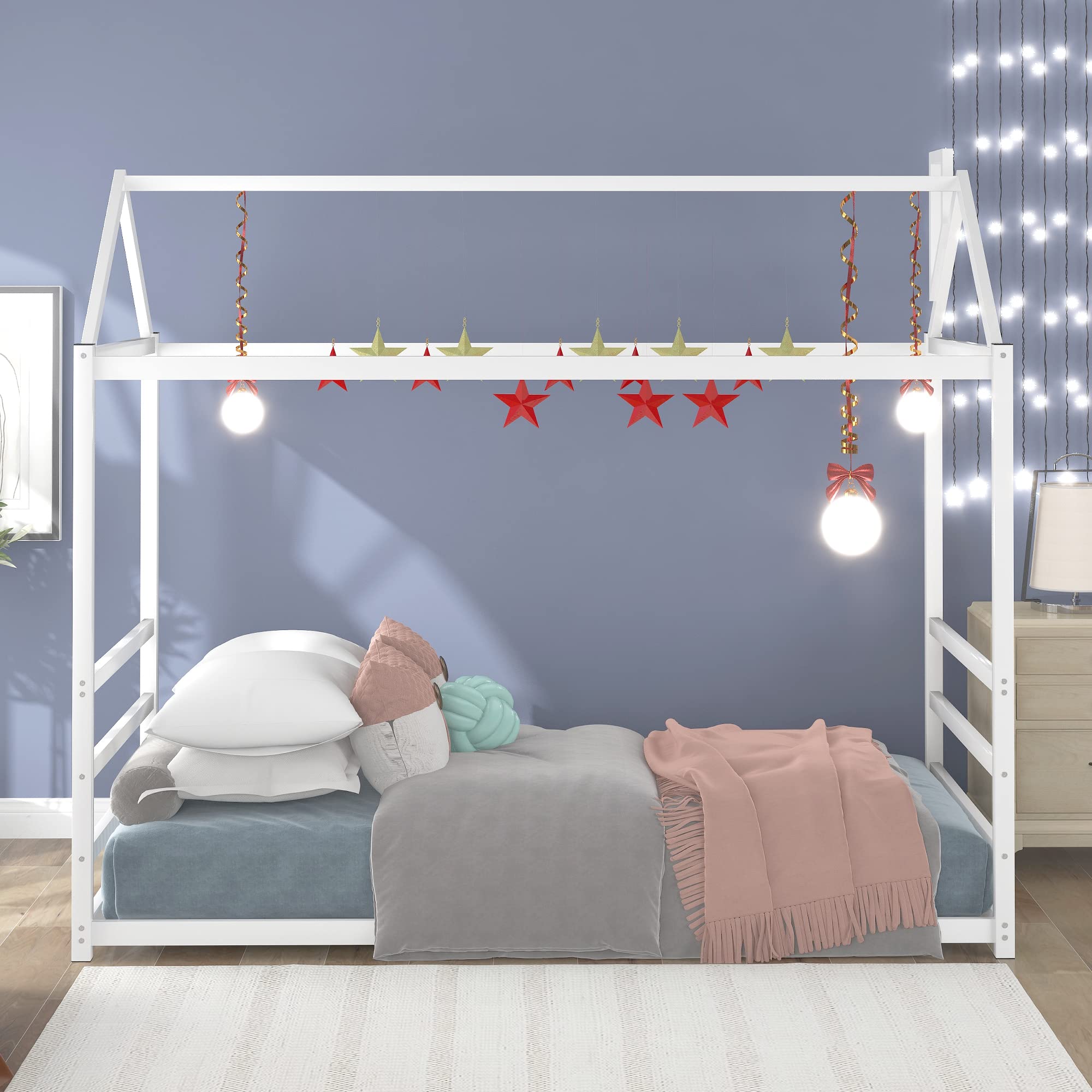 Montessori Floor Bed for Kids - Twin Size Metal House Bed Frame with Roof - Safe & Sturdy Toddler Bed for Boys & Girls - White - Perfect for Montessori Bedrooms, Playrooms & Kids' Sleepovers