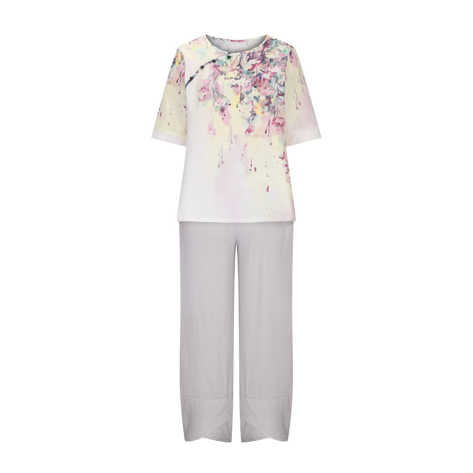Women's Summer Linen Lounge Set - 2 Piece Outfit with Half Sleeve T-Shirt & Cotton Linen Pants | Plus Size Vacation Wear for Beach, Travel & Relaxation