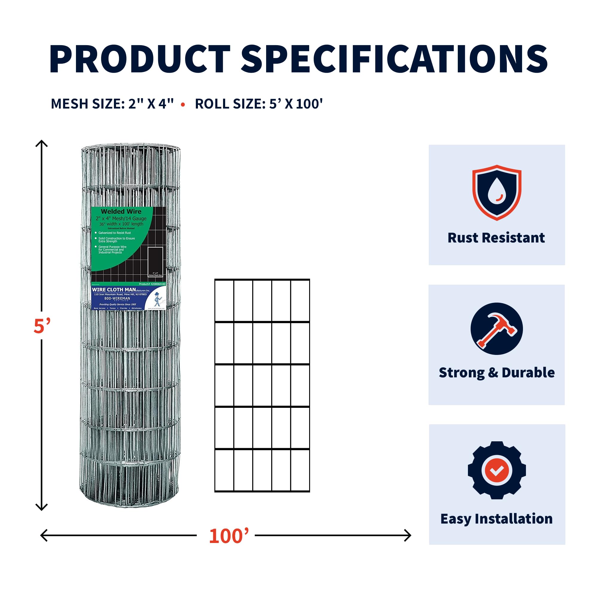 Hot-Dipped Galvanized 14 Gauge Welded Wire Fence - 5'x100' Roll for Farm, Garden & Livestock Enclosure | Heavy Duty Rust-Resistant Fencing for Agriculture, Backyard Security & Animal Protection