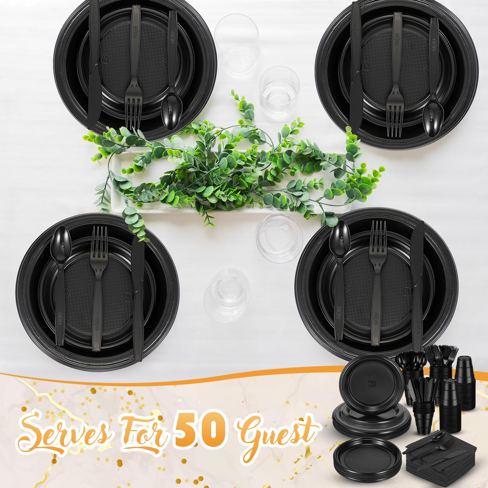 Yaomiao 360-Piece Black Disposable Plastic Dinnerware Set - 50 Dinner Plates, 50 Salad Plates, 50 Cups, 50 Forks, 50 Knives, 50 Spoons & 60 Napkins - Perfect for Birthday Parties, Weddings, Anniversaries & Large Gatherings - Serve 50 Guests with Elegant Tableware