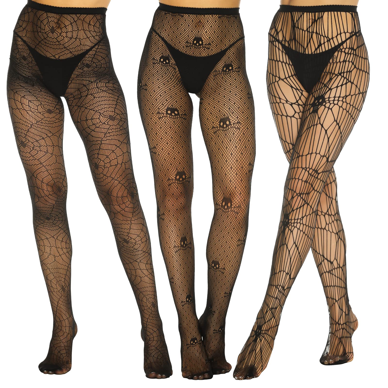 Yilanmy Women's Fishnet Stockings - 3 Pairs Black Patterned Tights with Suspender, Sexy Halloween Pantyhose for Cosplay, Party, Night Out & Lingerie Outfits