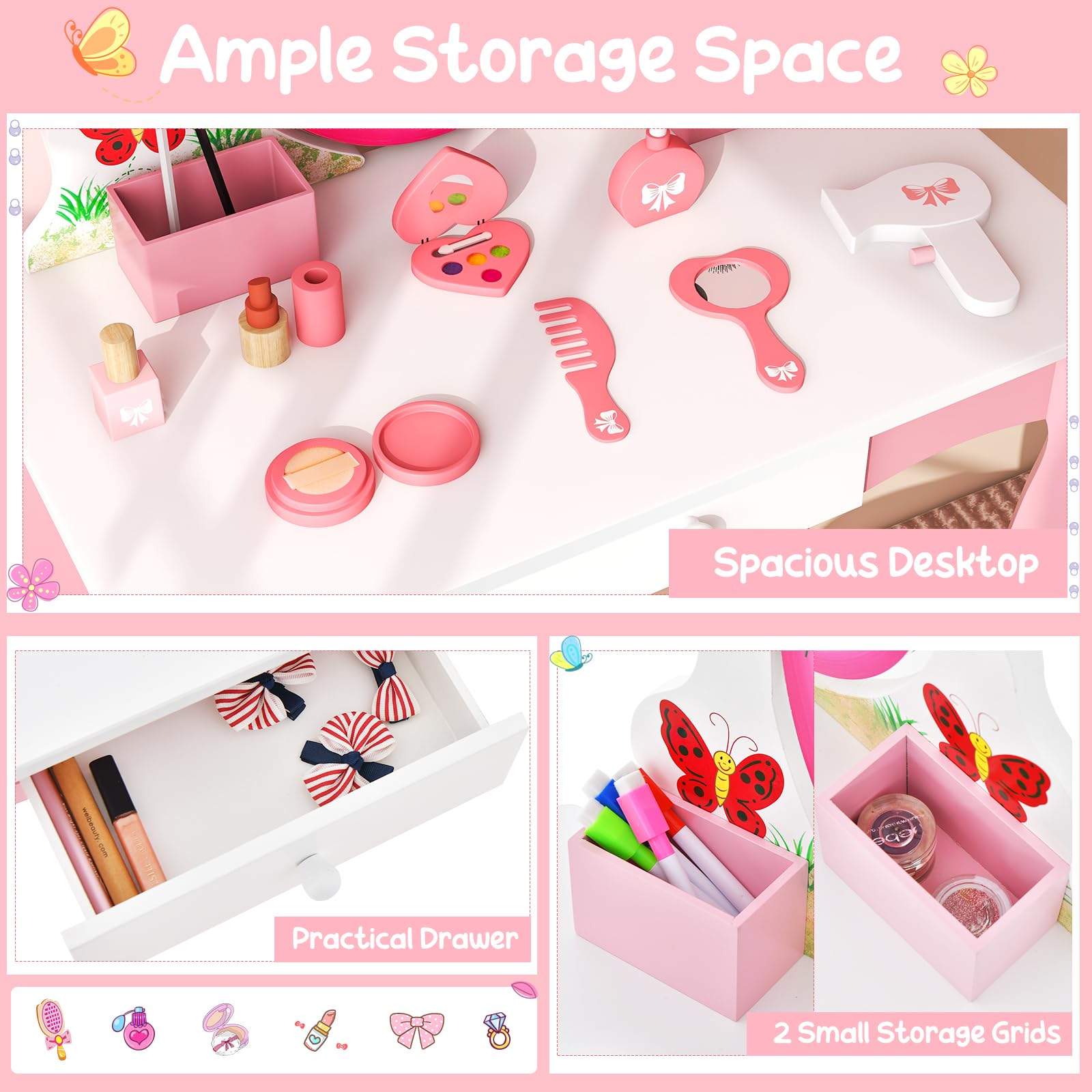 Costzon Kids Vanity Set with Mirror & Stool - 2-in-1 Toddler Makeup Dressing Table with Storage Drawers & Grids - Pretend Play Vanity Desk & Chair for Little Girls - Perfect for Bedroom Playroom & Birthday Gifts