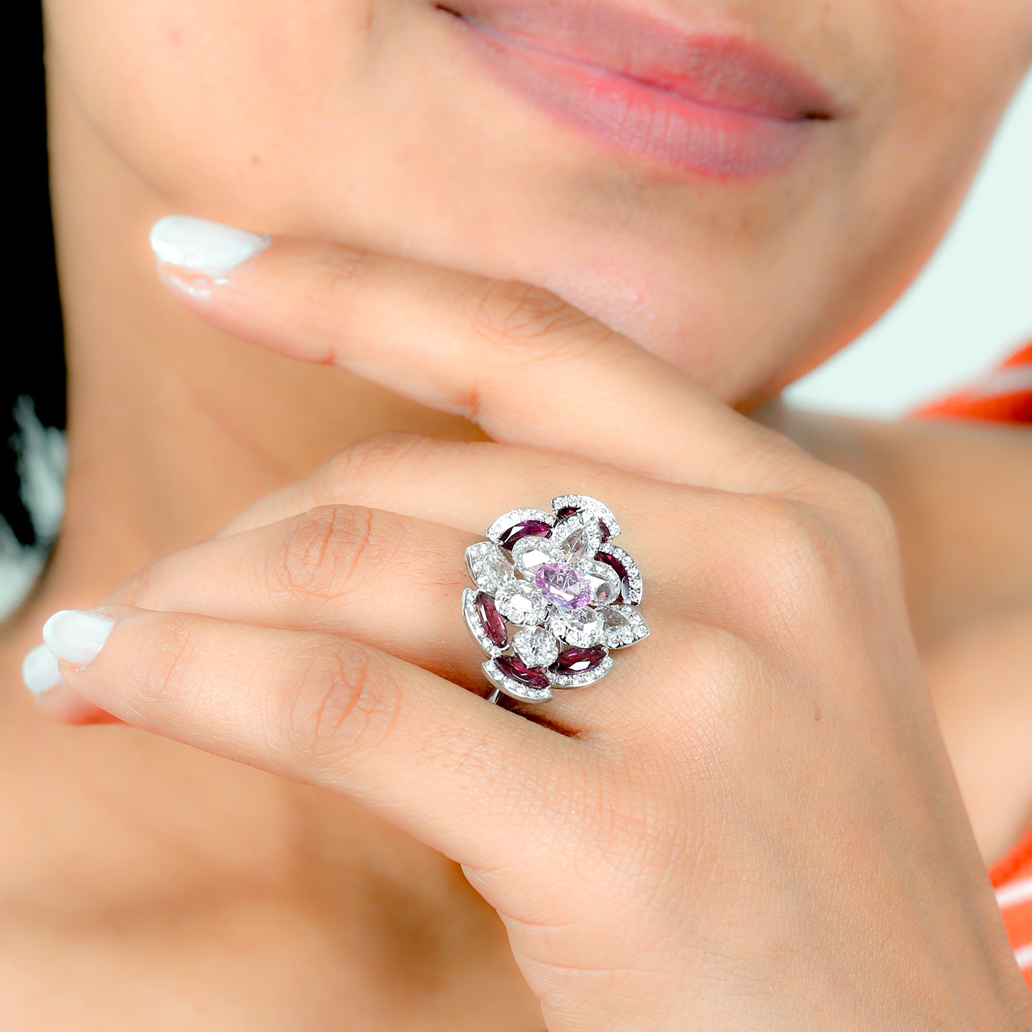 18K White Gold Marquise Ruby & Pink Sapphire Pave Diamond Ring with Rose Cut – Elegant Engagement, Wedding, Anniversary Gift for Her