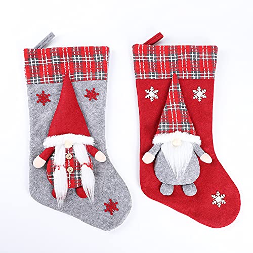 2 Pack Personalized Christmas Stockings - 18 Inch Xmas Stockings with 3D Gnomes & Santa for Fireplace Decor | Bulk Holiday Stockings for Family, Christmas Party (Red & Grey) - Perfect for Home Decor, Gift Exchange & Festive Celebrations