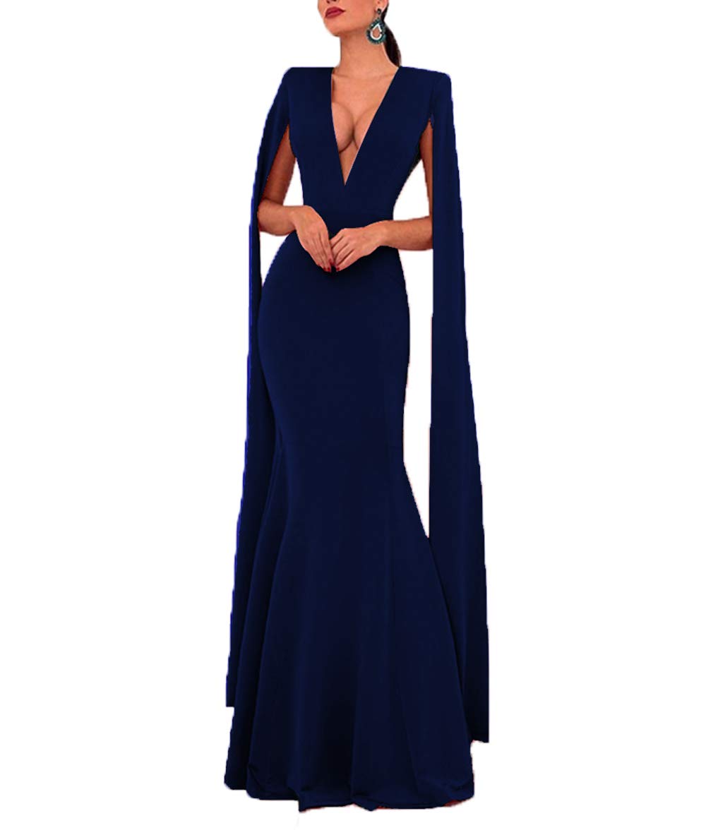 Elegant Women's Long Mermaid Evening Dresses with Double V-Neck & Cape Sleeve - Formal Gowns for Prom, Wedding, Red Carpet & Special Occasions