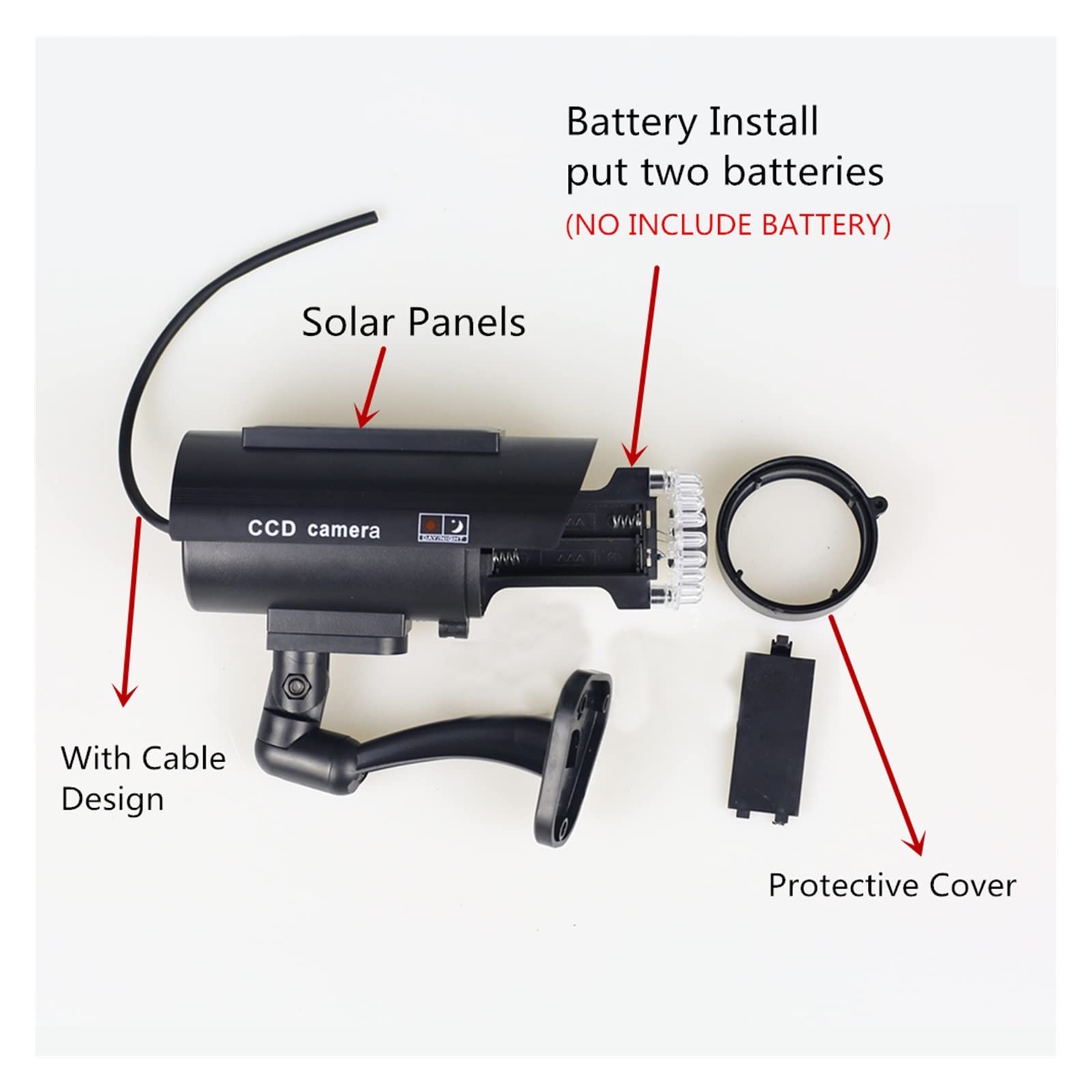 DELURA Solar Security Camera - Fake Dummy Outdoor Camera with Solar Panel, Waterproof Bullet Design & LED Light - Ideal for Home Security Monitoring (Black) | Perfect for Front Door, Backyard & Indoor Surveillance