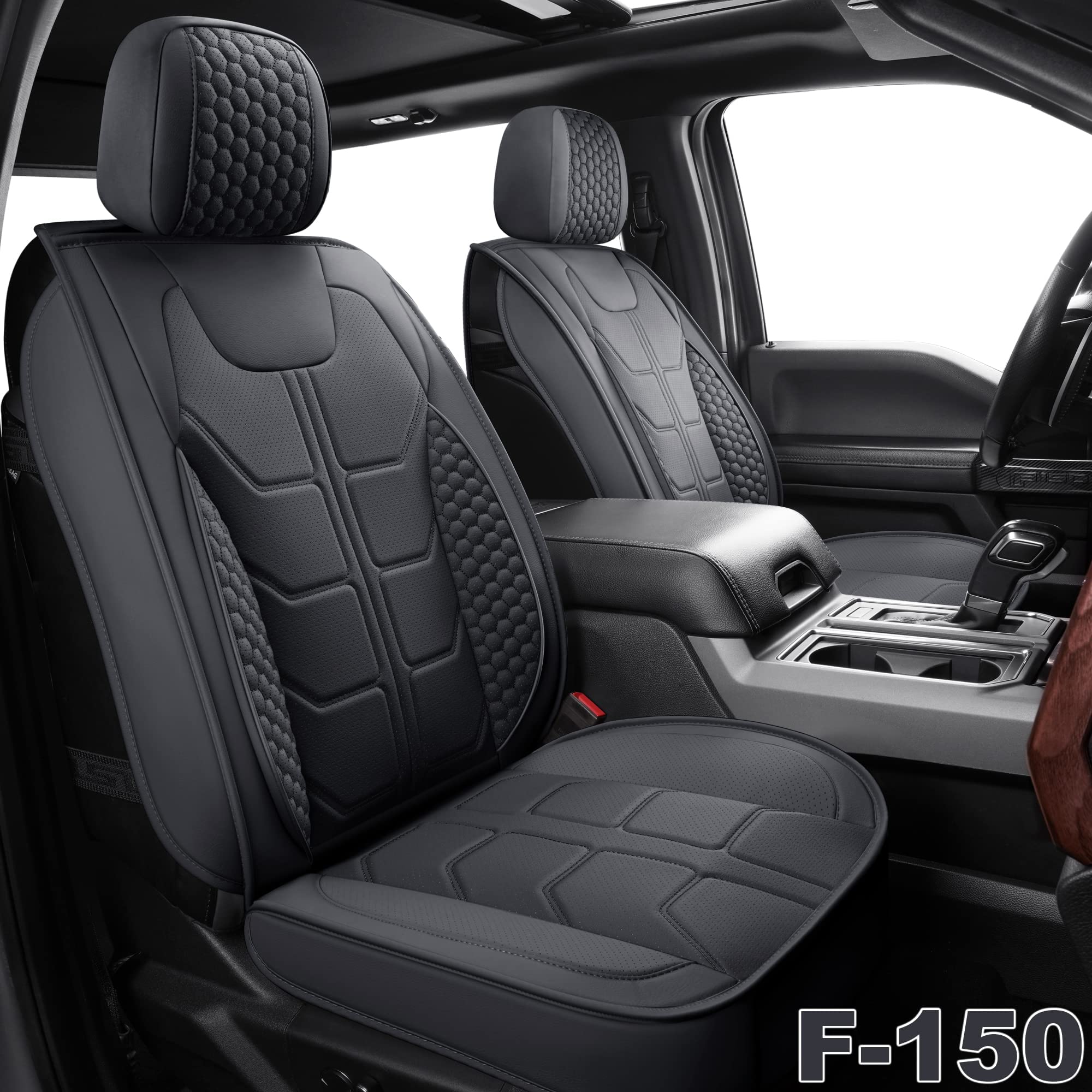 Premium Waterproof Leather Car Seat Covers for Front Seats - Universal Fit for 2009-2022 Ford F-150 & 2017-2022 F250/F350/F450 Pickup Trucks - Black Auto Seat Protectors for Comfort & Durability | Perfect for Road Trips, Daily Commutes & Work Trucks