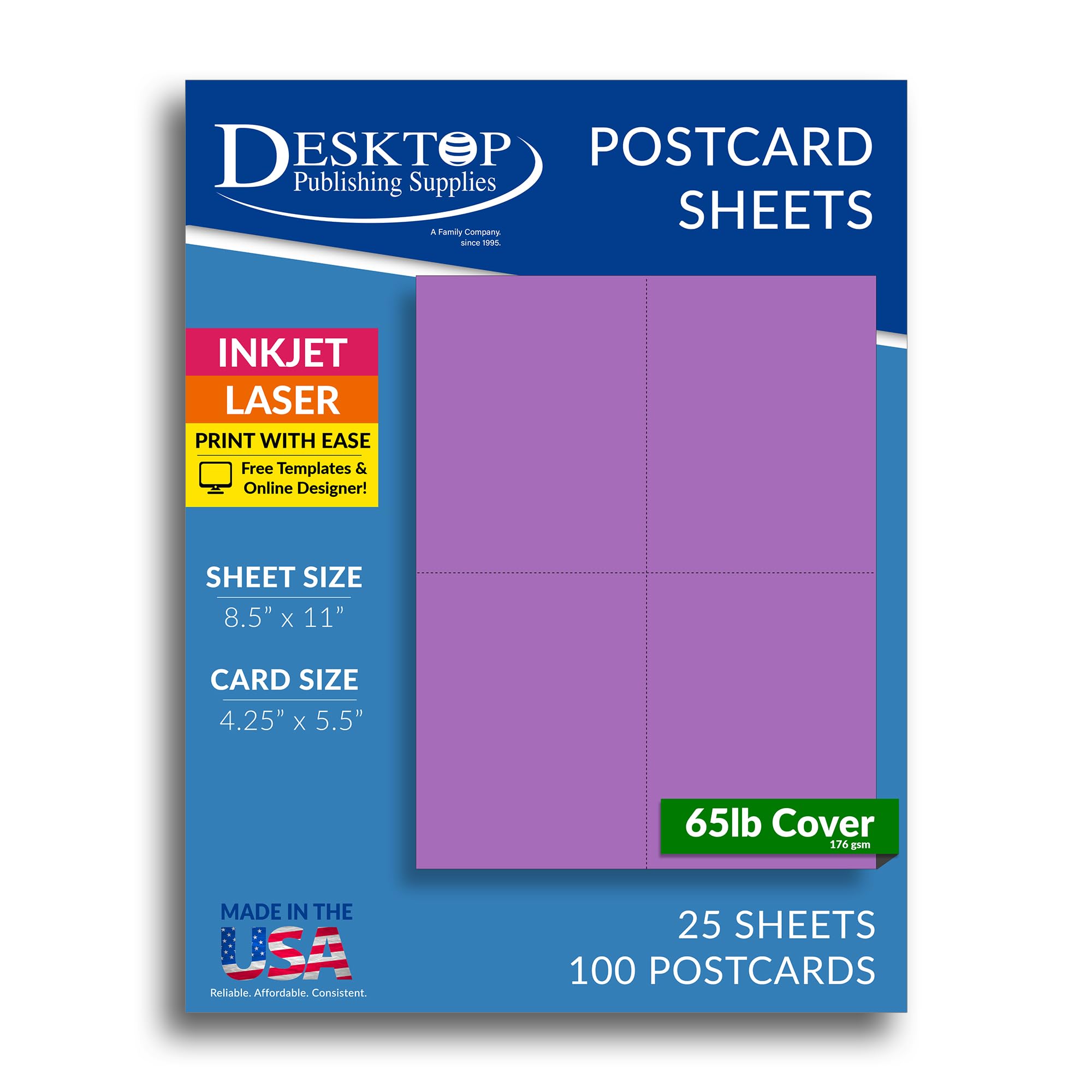Blank Purple 4-up Postcard Paper - 25 Sheets (100 Postcards) - Printable Matte Cardstock for Laser & Inkjet Printers | Perfect for DIY Greeting Cards, Business Promotions & Wedding Invitations