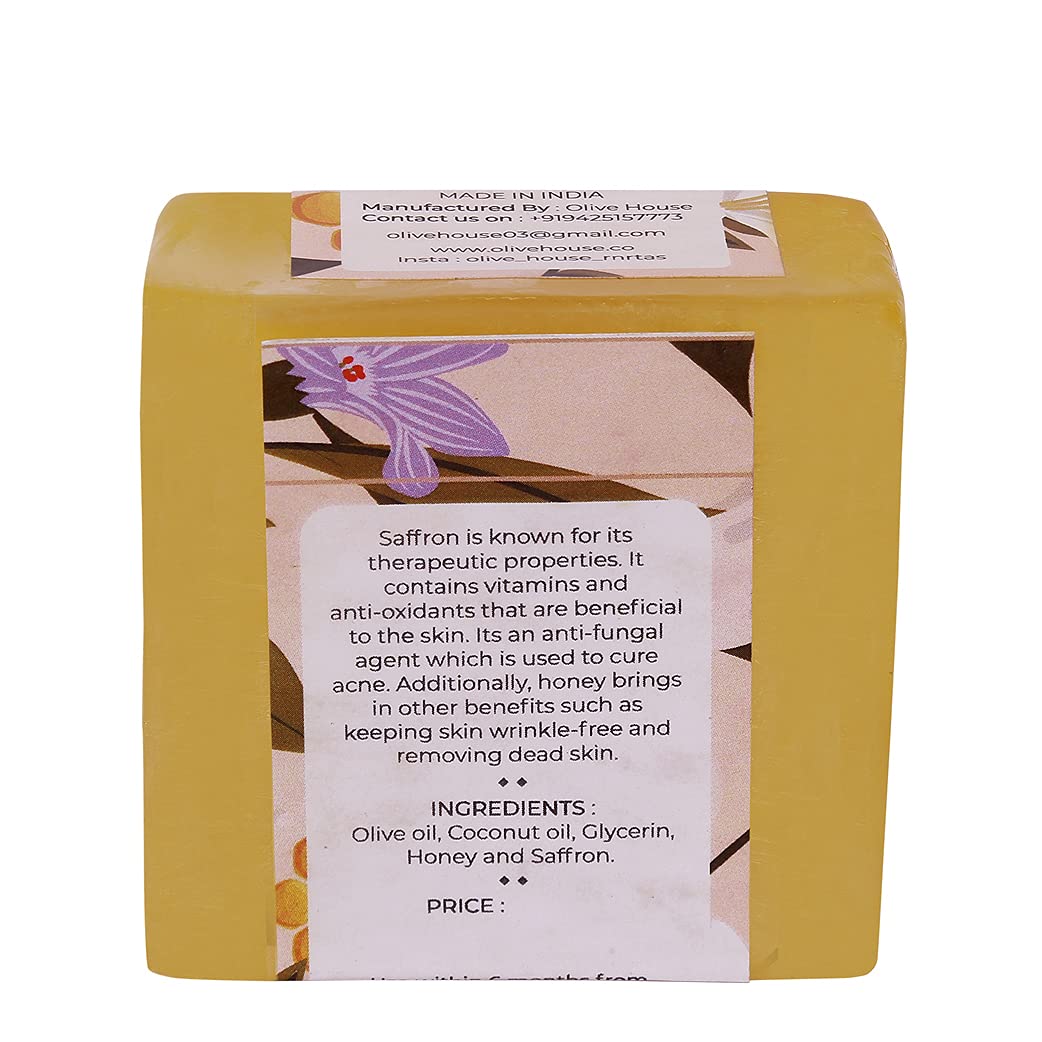 Olive House Honey Saffron Soap - 100g Natural Skincare Bar for Face & Body | Moisturizing, Antibacterial, Handmade Soap for Dry Skin, Acne Treatment & Luxury Bathing