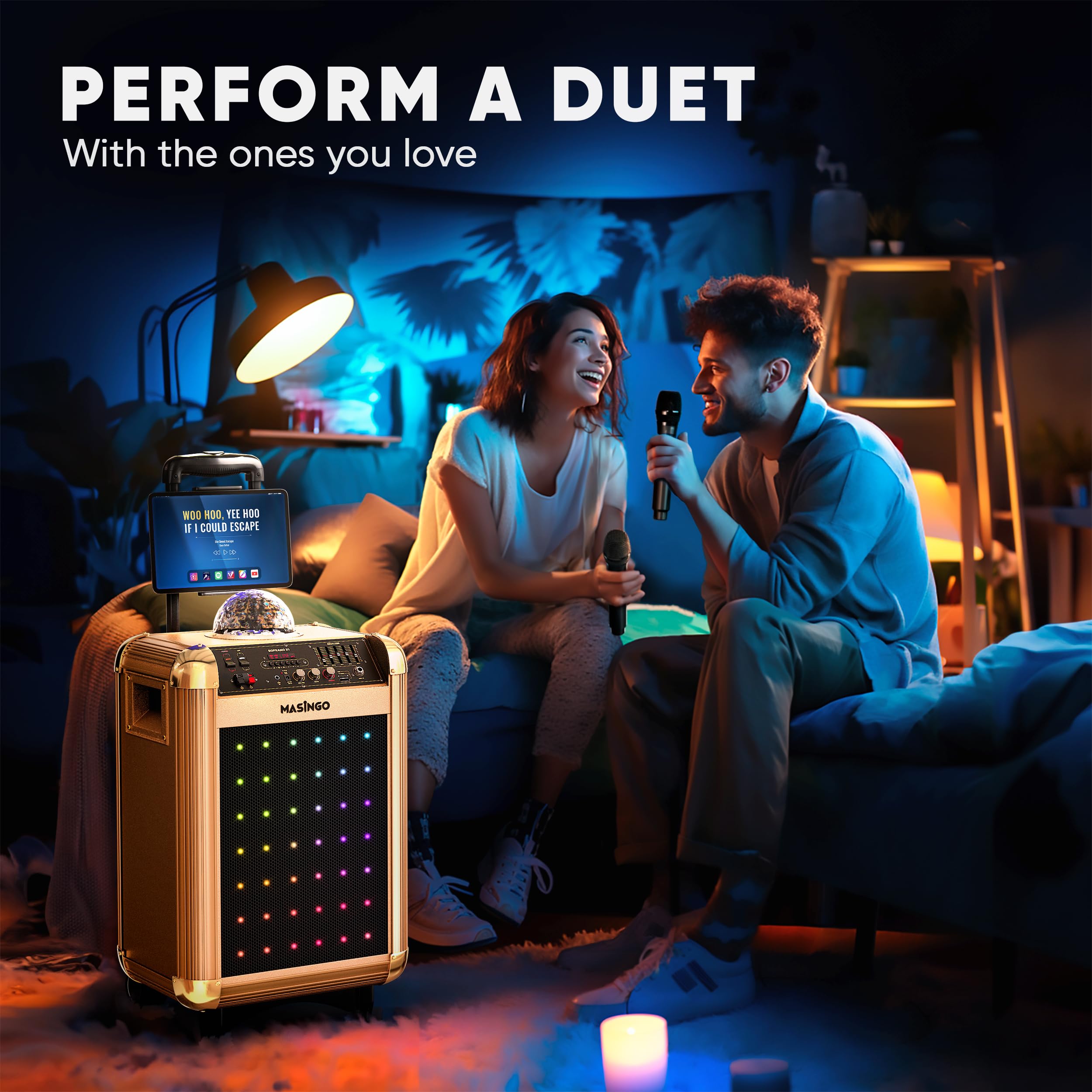 MASINGO X1 2.0 Karaoke Machine with Bluetooth Wireless Microphones - Portable PA Speaker System with Disco Lights, Lyrics Display & TV Cable for Home Parties, Kids Singing, and Outdoor Gatherings