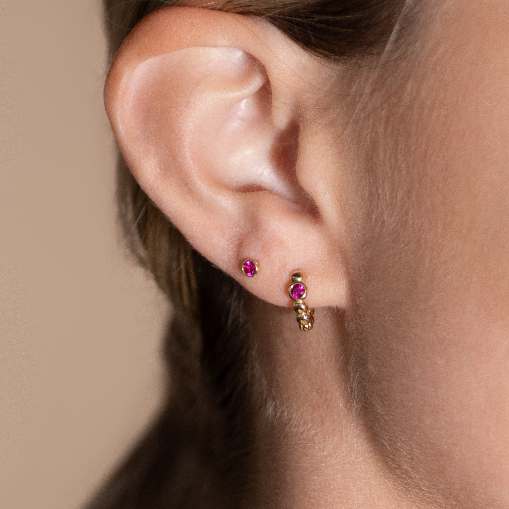 14K Yellow Gold Round Pink Ruby Stud Earrings - Flat Back Bezel Set for Women | Perfect for Everyday Wear, Parties & Gifts