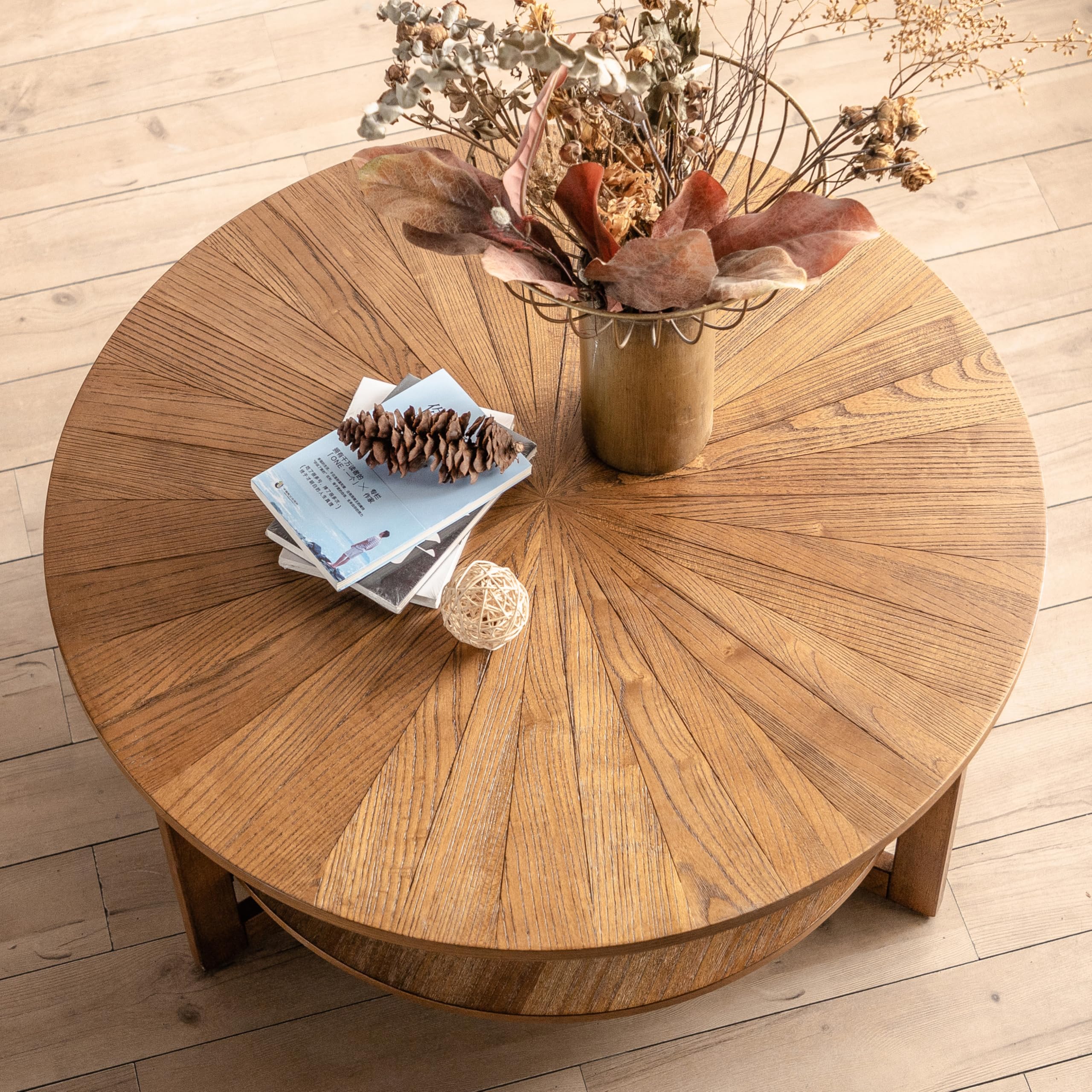 Rustic 2-Tier Round Wood Coffee Table with Storage for Living Room & Apartment - Easy Assembly, Espresso Finish (35