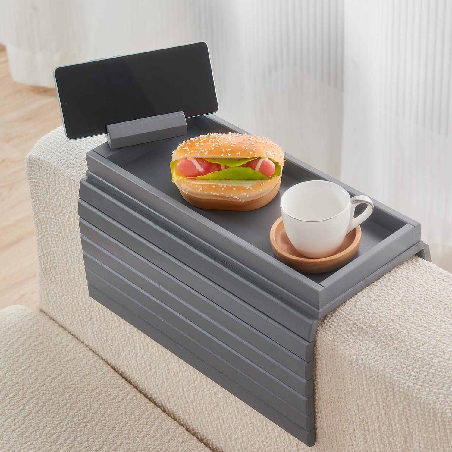 360° Rotating Bamboo Sofa Arm Tray - Foldable Side Table with Cup Holder for Snacks & Drinks - Perfect for Living Room Relaxation
